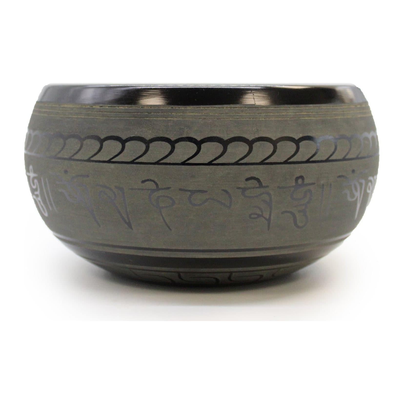 Dark brushed singing bowl with a Buddha figure on the base