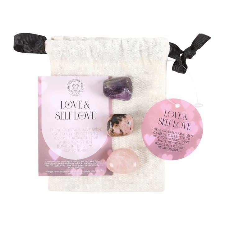 Drawstring bag with rose quartz, amethyst and rhodonite crystals and an insert card