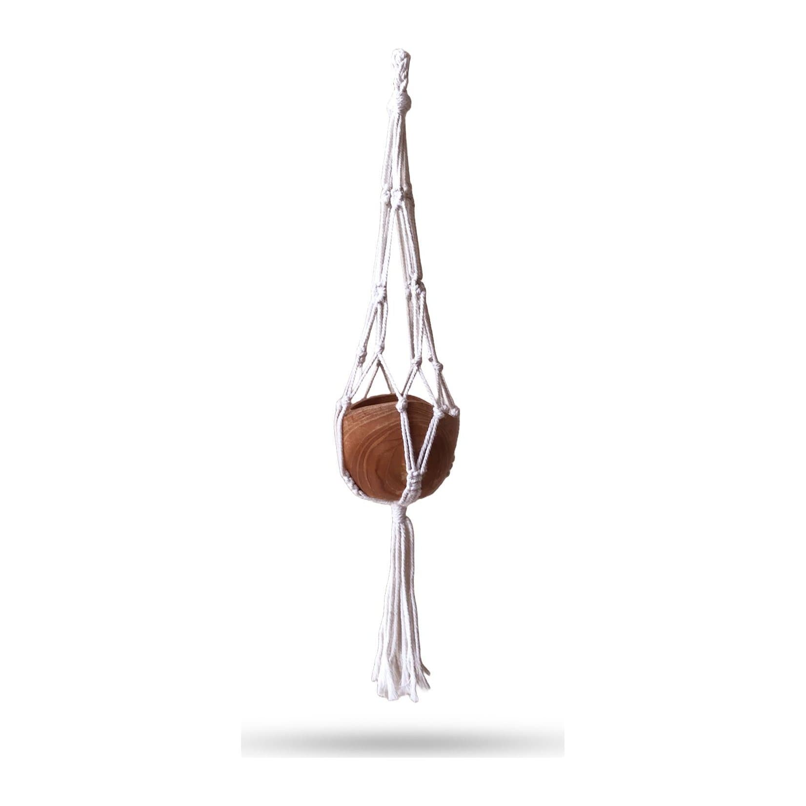 Small drop macrame pot holder in natural or beige cotton
