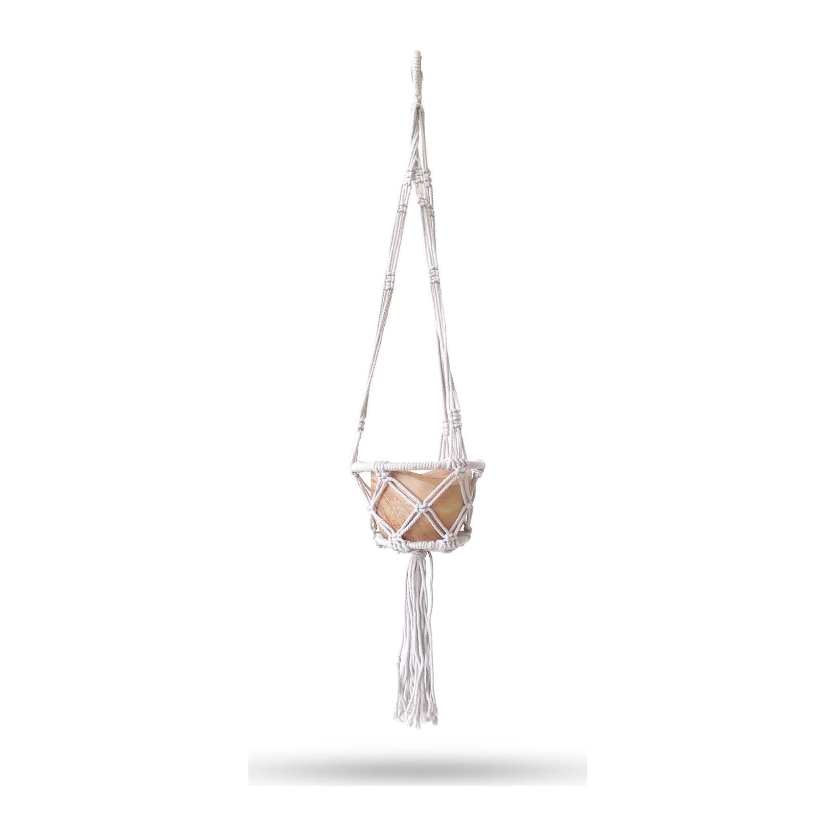 Small hooped macrame pot holder in natural or beige cotton