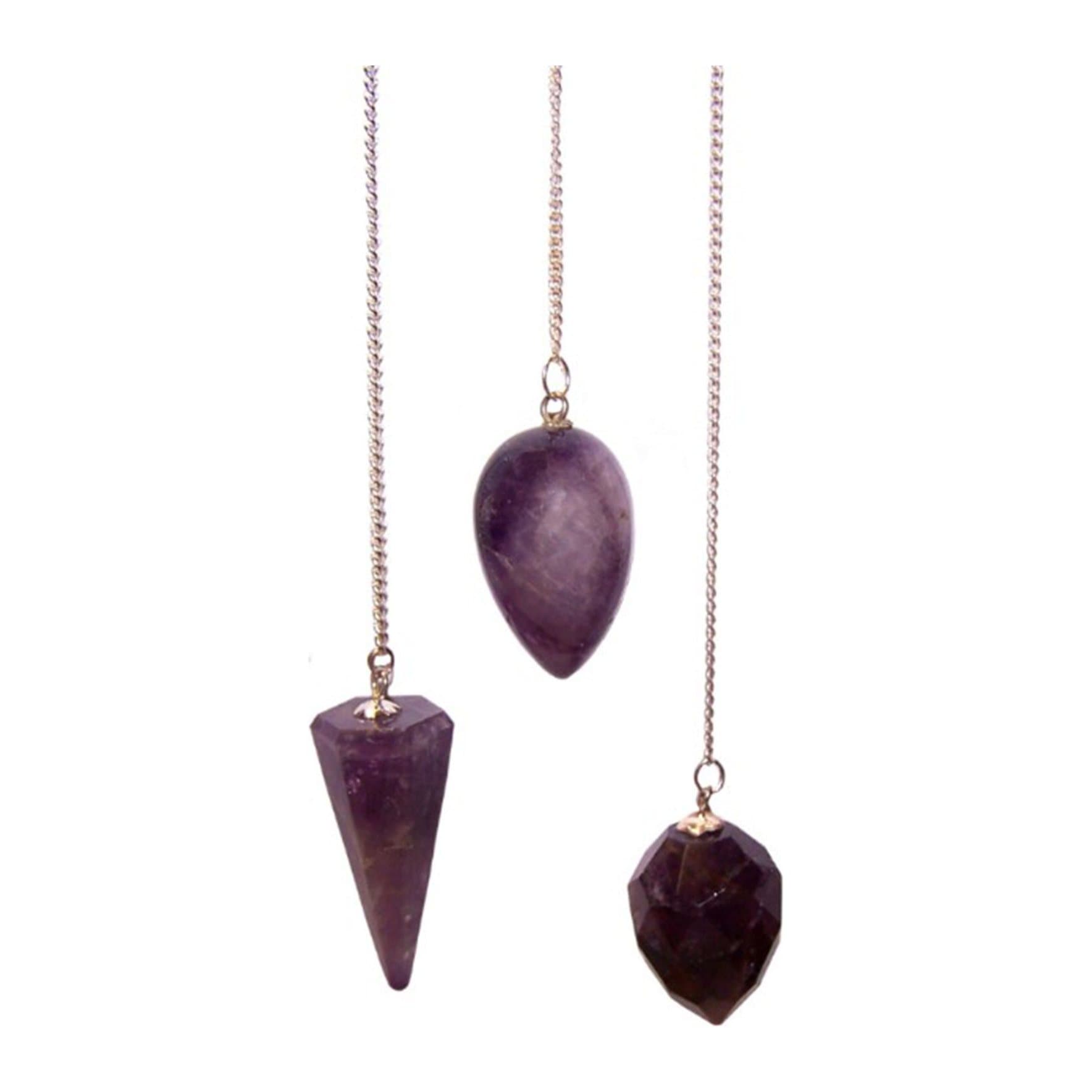 Amethyst crystal pendulum on a silver-plated chain with a gemstone bead