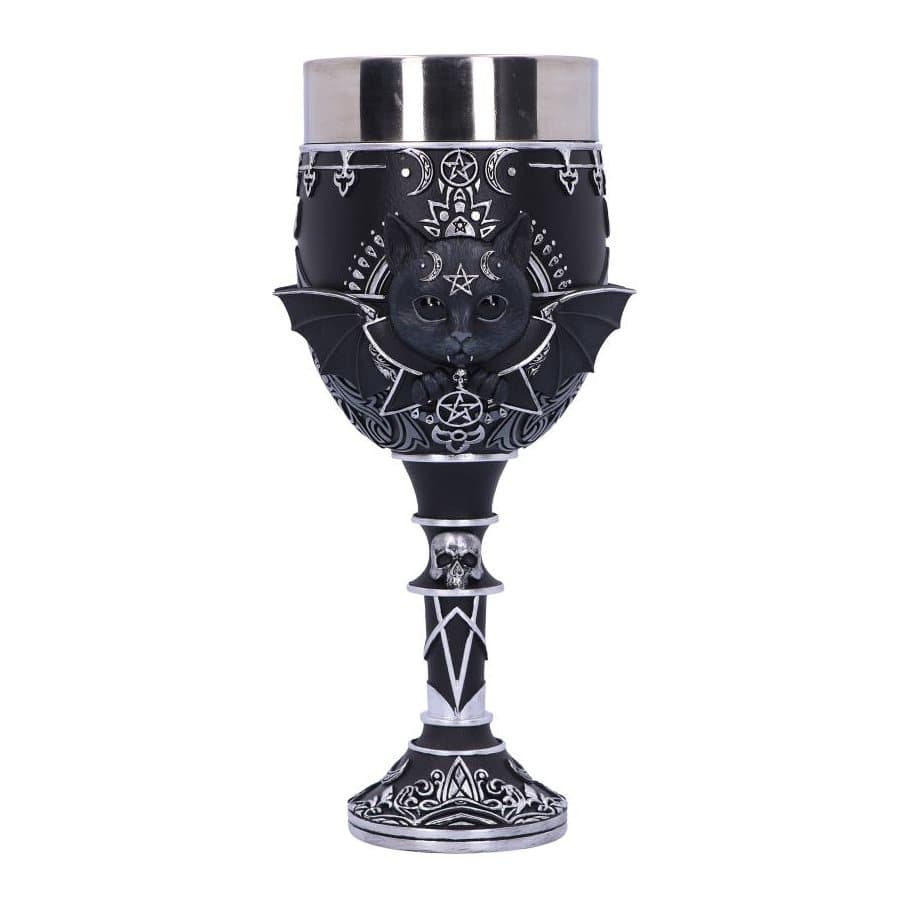 Malpuss goblet with a black cat, bat wings and silver detailing