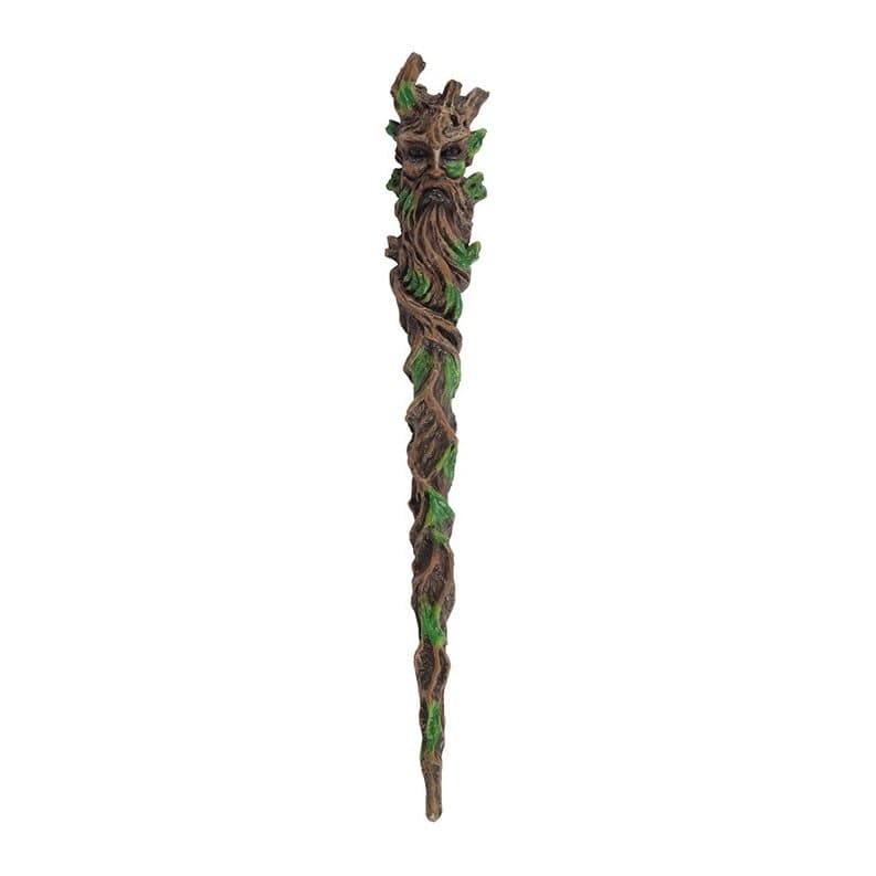 Resin wand moulded with a Man of the Wood face, green leaves and twisting branches