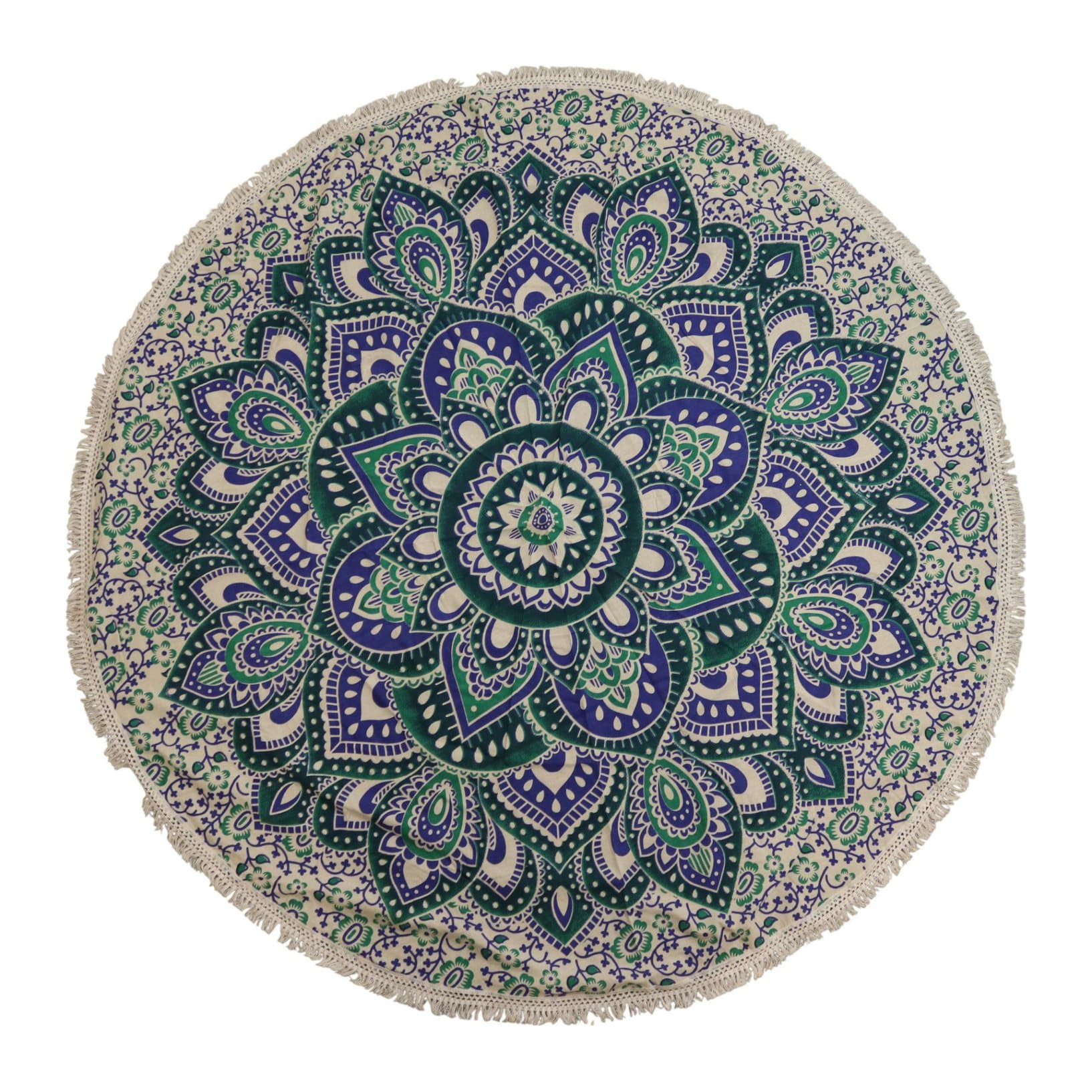 Round teal and blue cotton mandala with layered petals and fringe edging