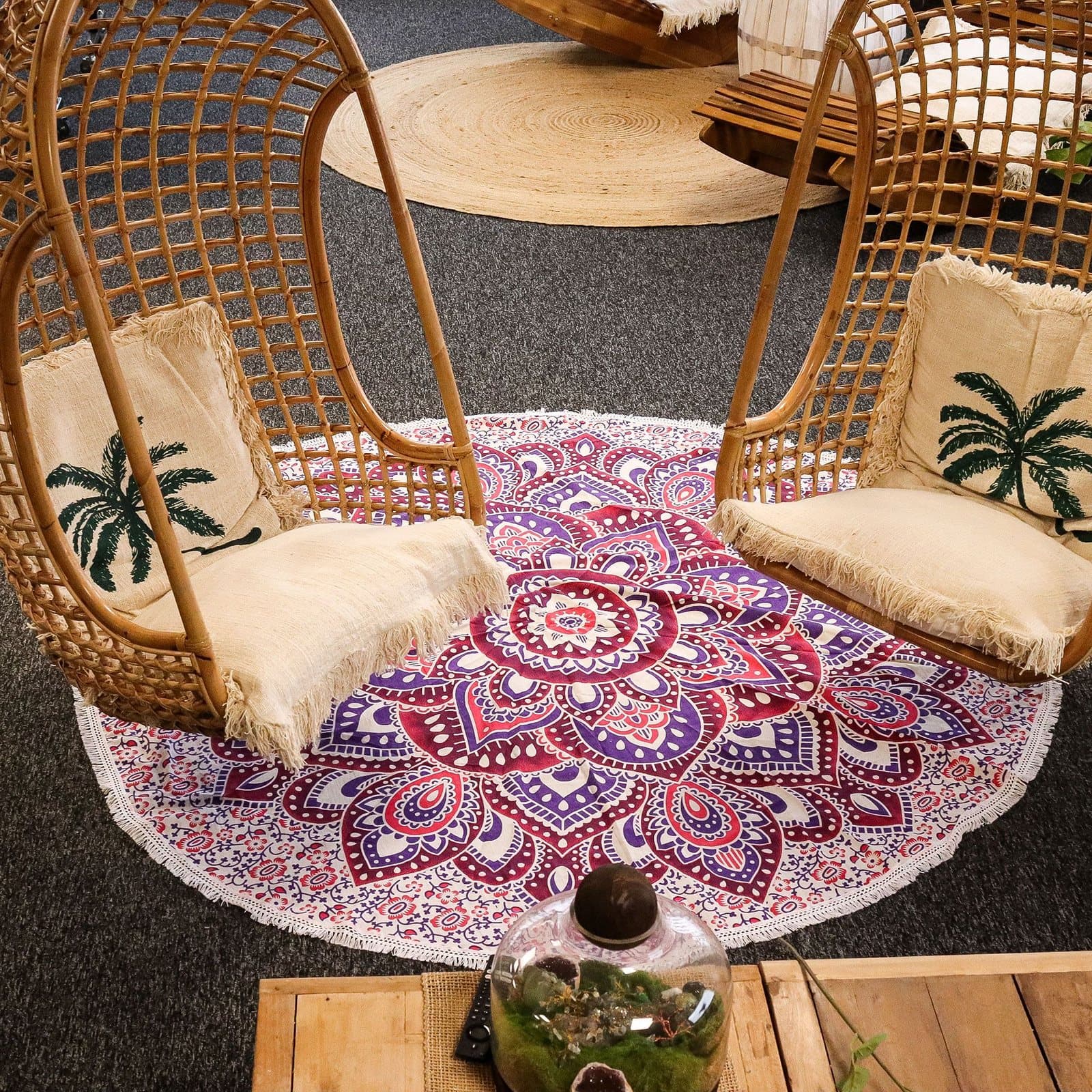 Large round cotton mandala with fringe edging in bright colours