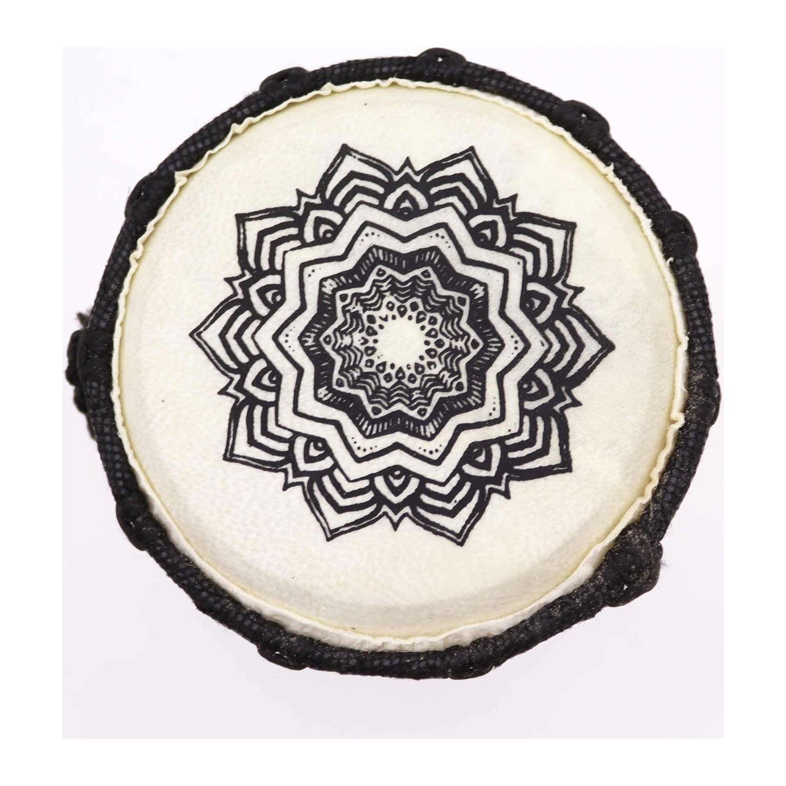 Small djembe drum with a detailed mandala design, rope tuning and a goat skin head