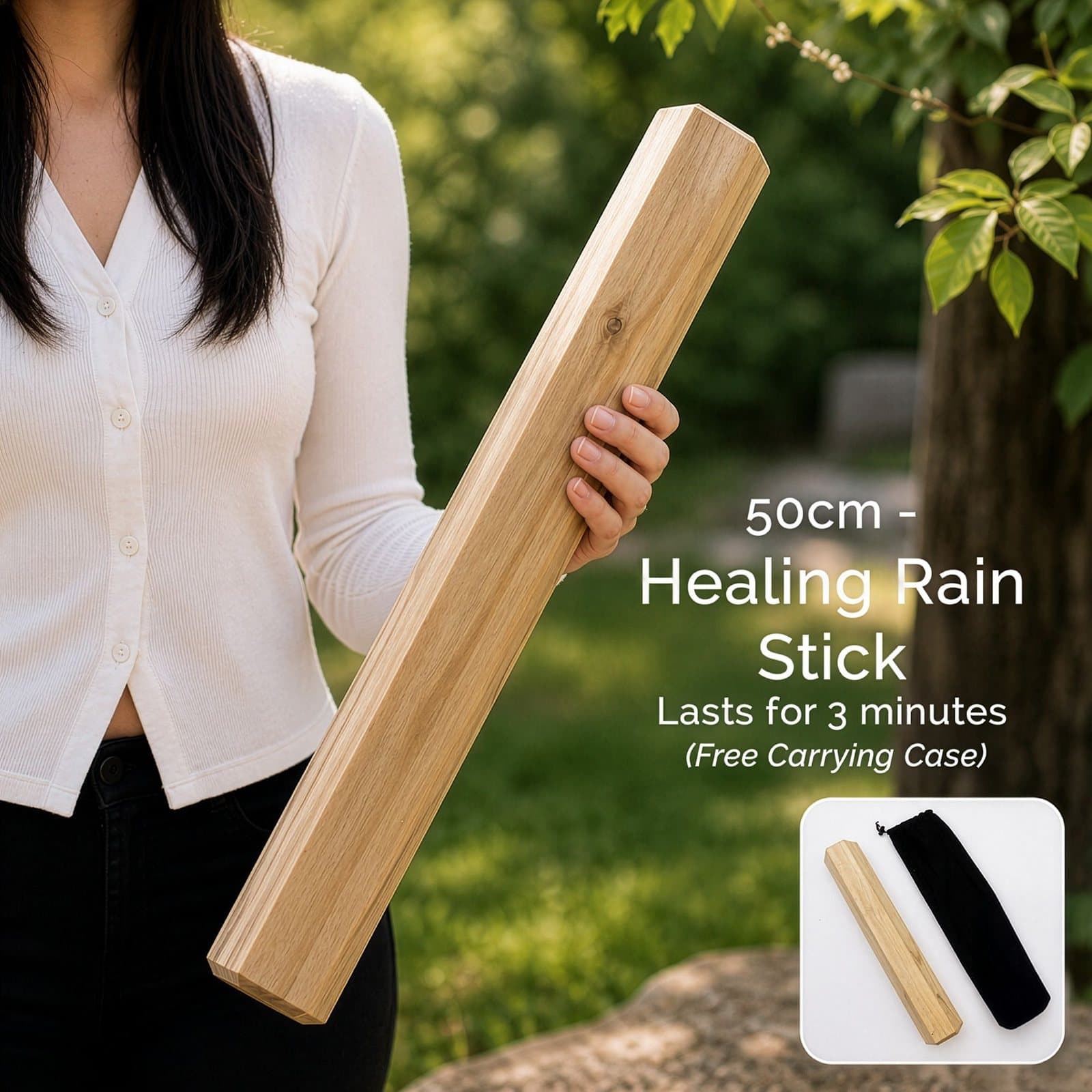 Manglid wood rainstick with natural wood grain