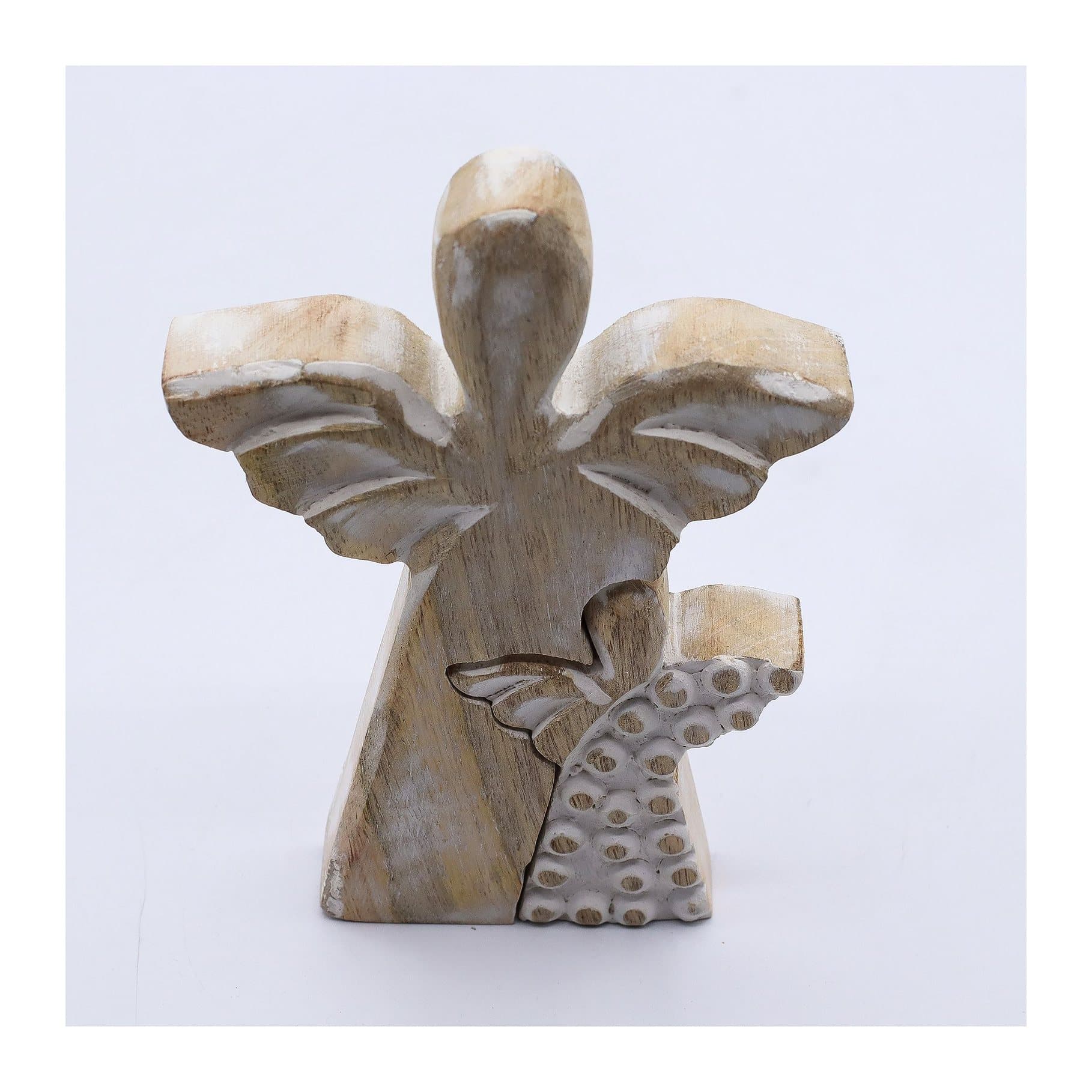 Whitewashed mango wood figurine of a large angel sheltering a smaller angel