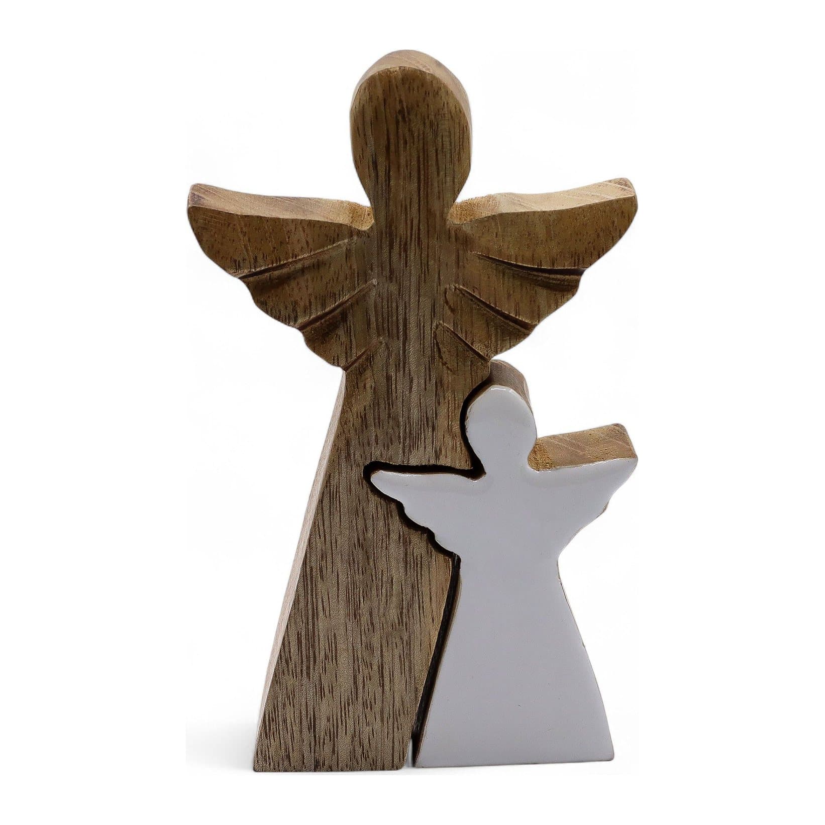 Mango wood figurine of a small angel within a larger angel, with white enamel