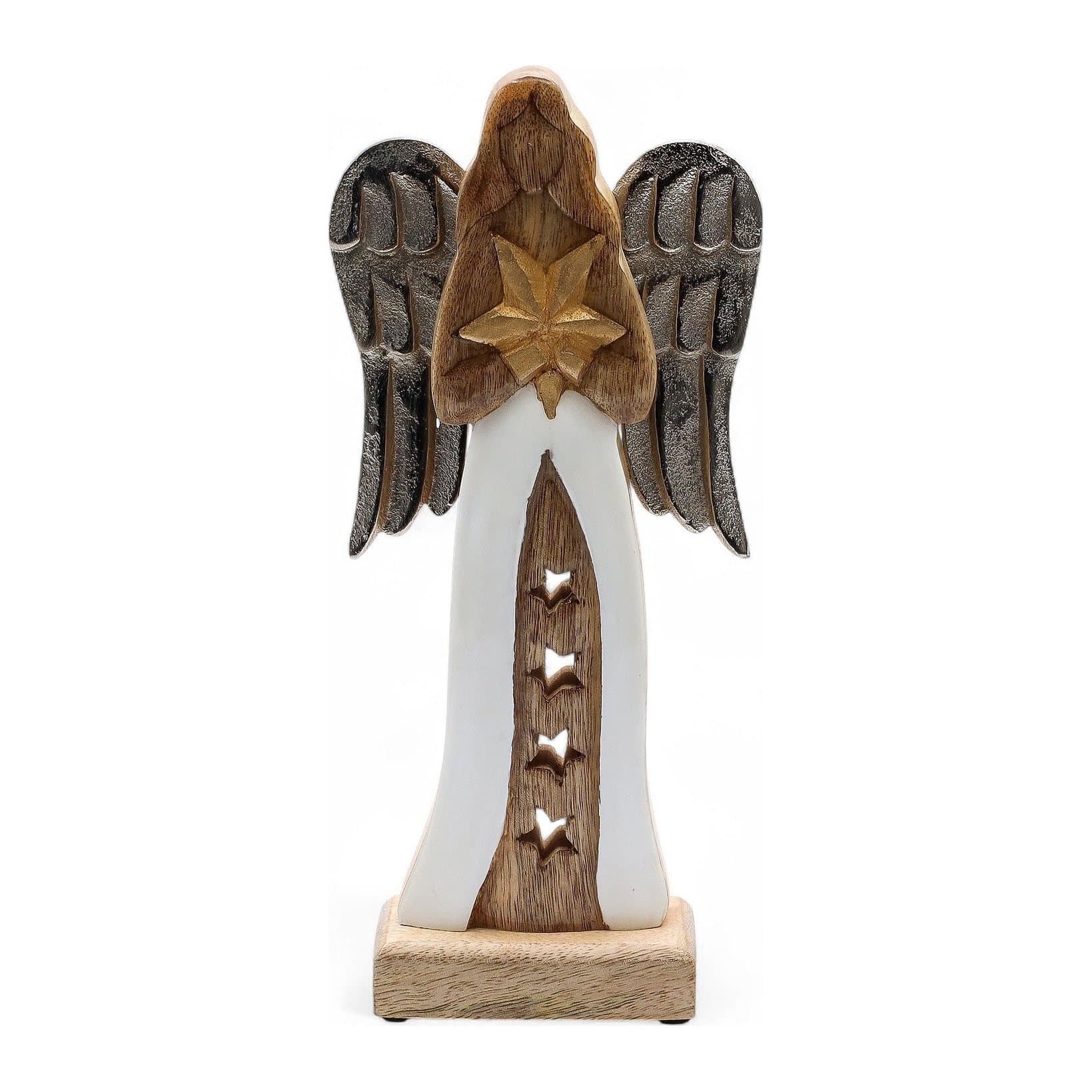 Carved mango wood angel with metal wings, white enamel robe and a golden star