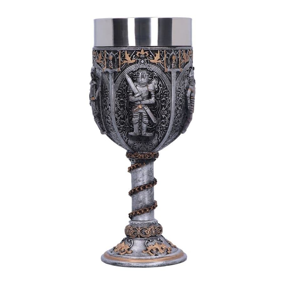 Hand-painted goblet with raised knights, chain-wrapped stem and golden patterned base