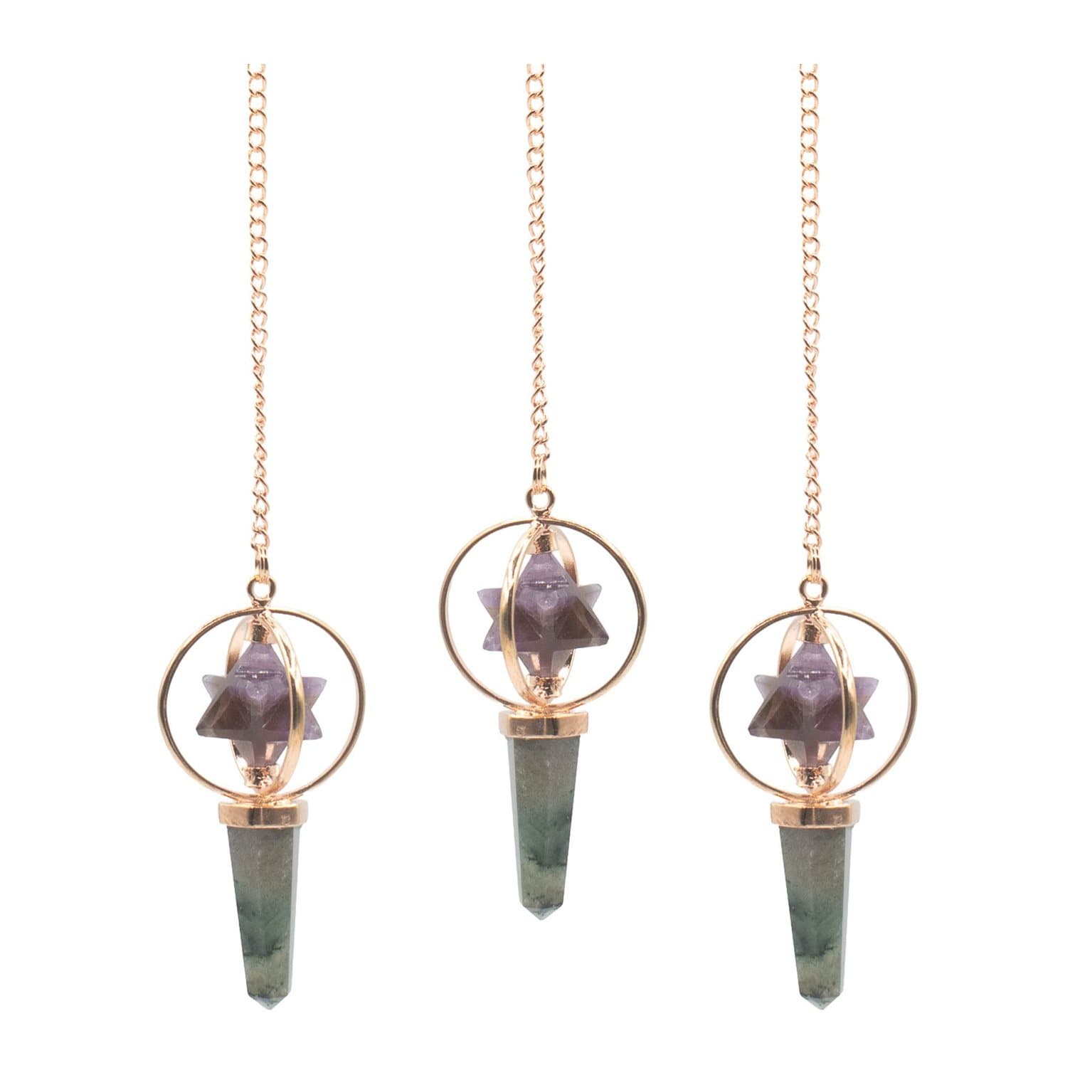 Copper pendulum with a spinning amethyst Merkaba star and labradorite point
