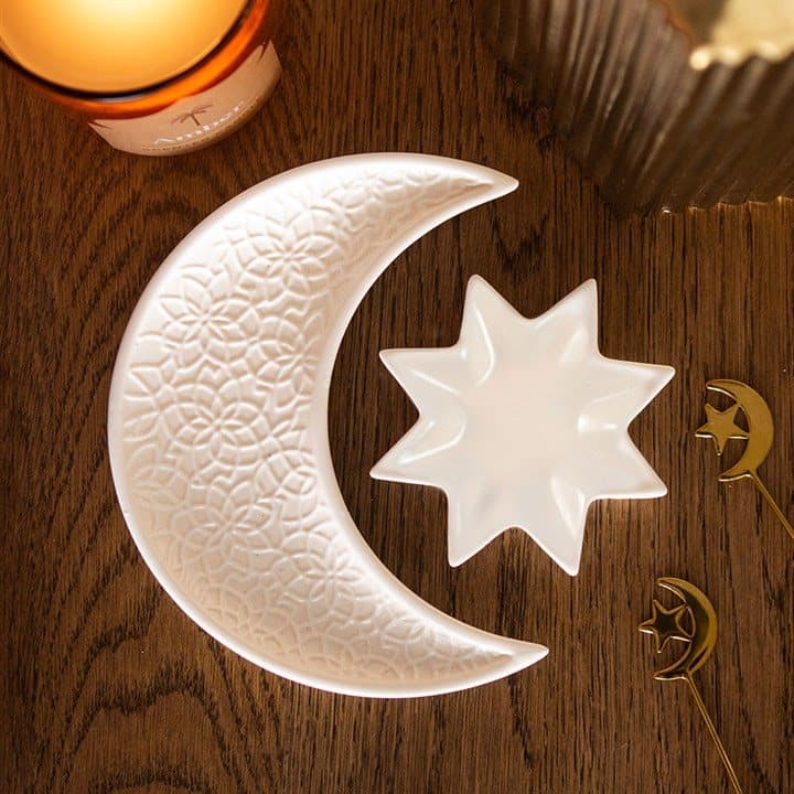 Cream ceramic crescent moon and star trinket dishes