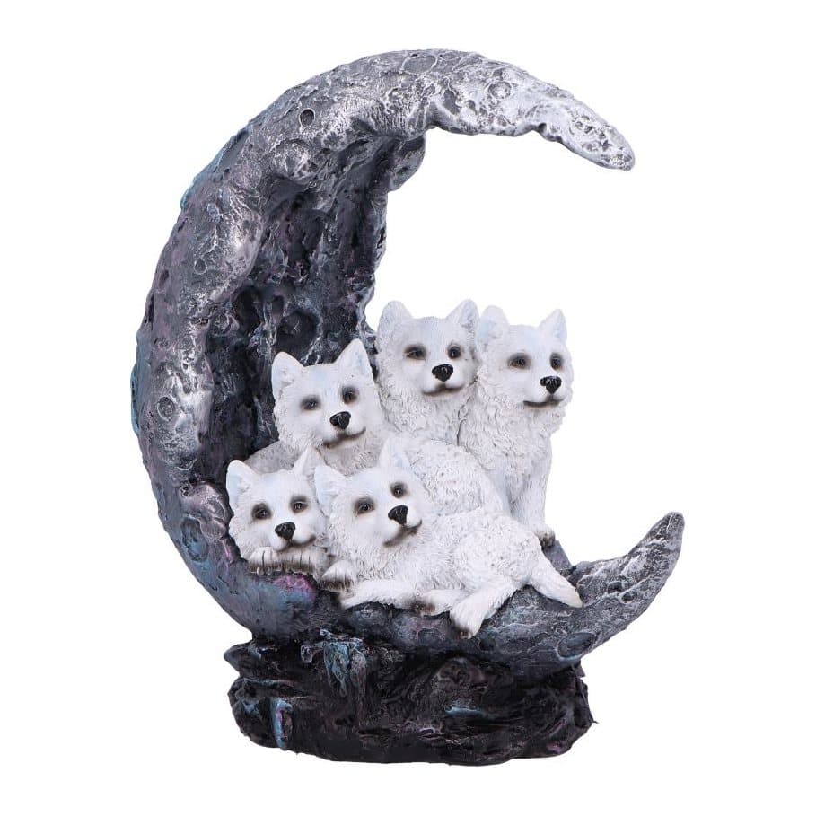 Resin ornament of five white wolves on a crescent moon