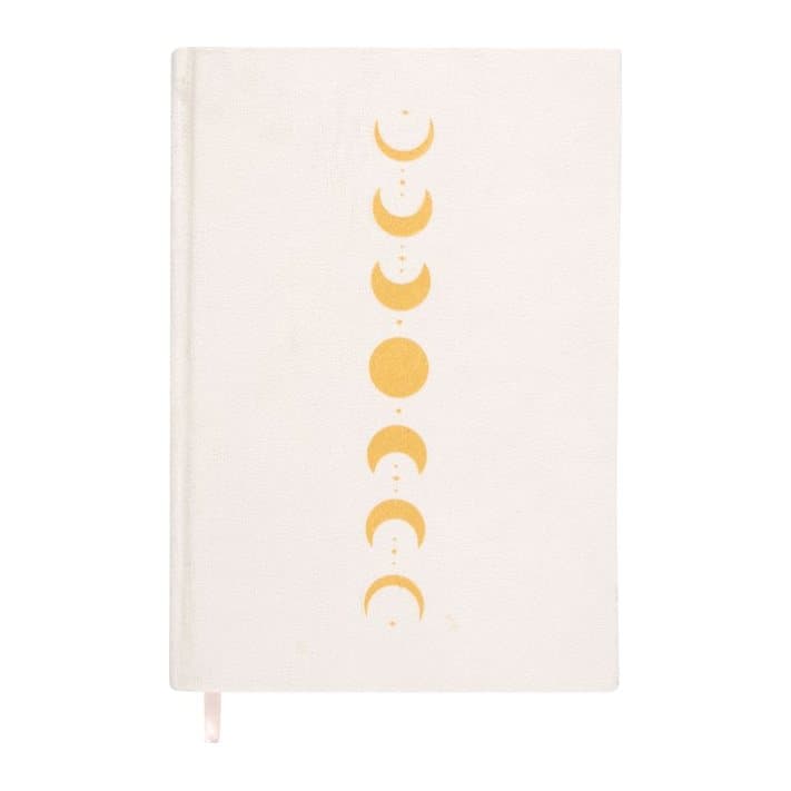 Velvet A5 notebook cover with a metallic gold moon phases design