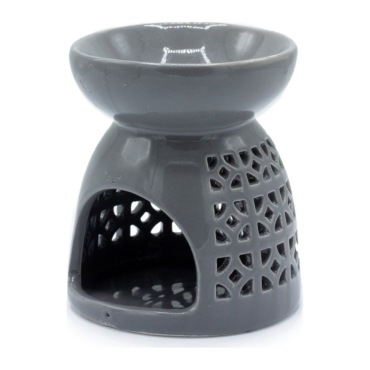 Grey ceramic oil burner with a Moroccan-style cutout pattern