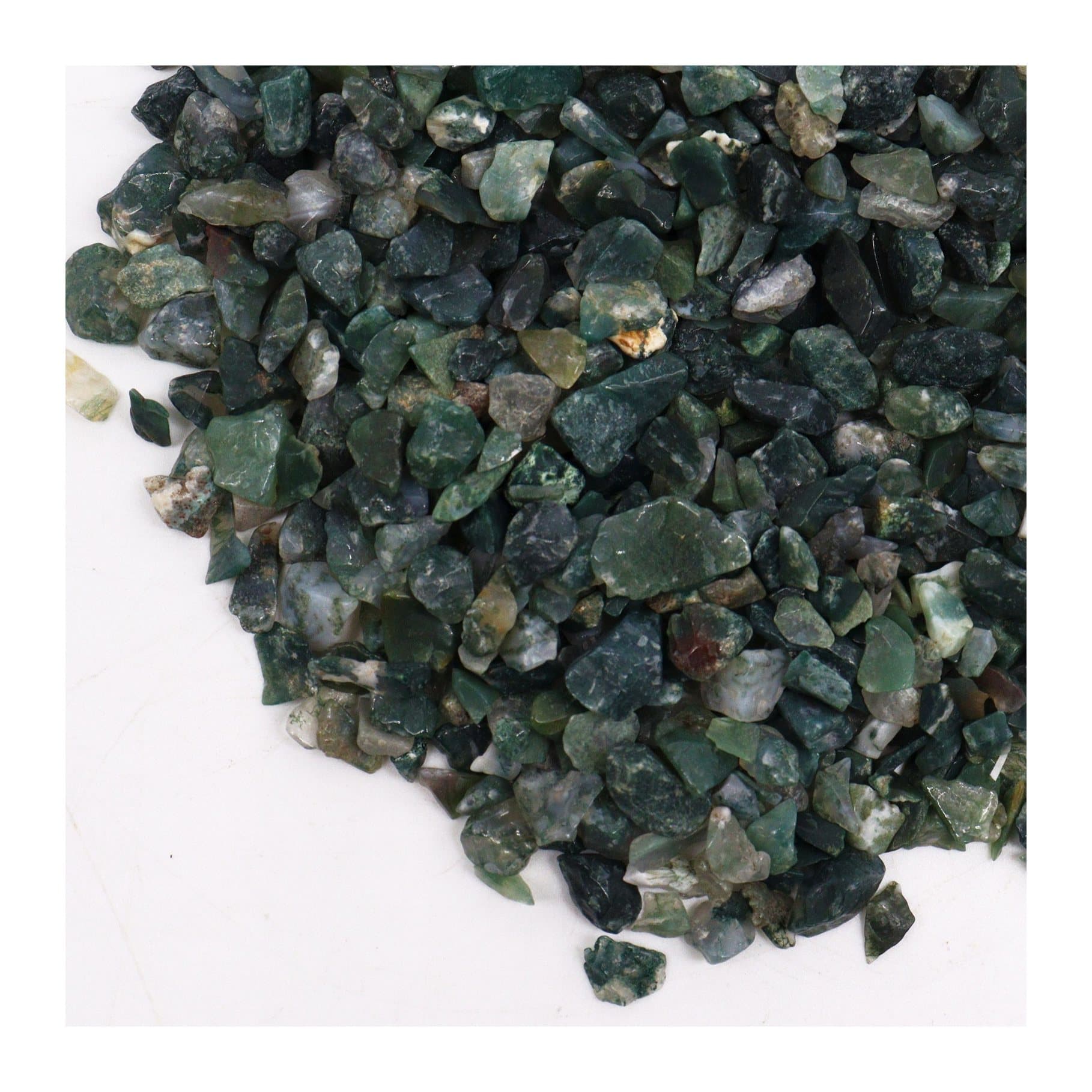 Pile of green moss agate gemstone chips