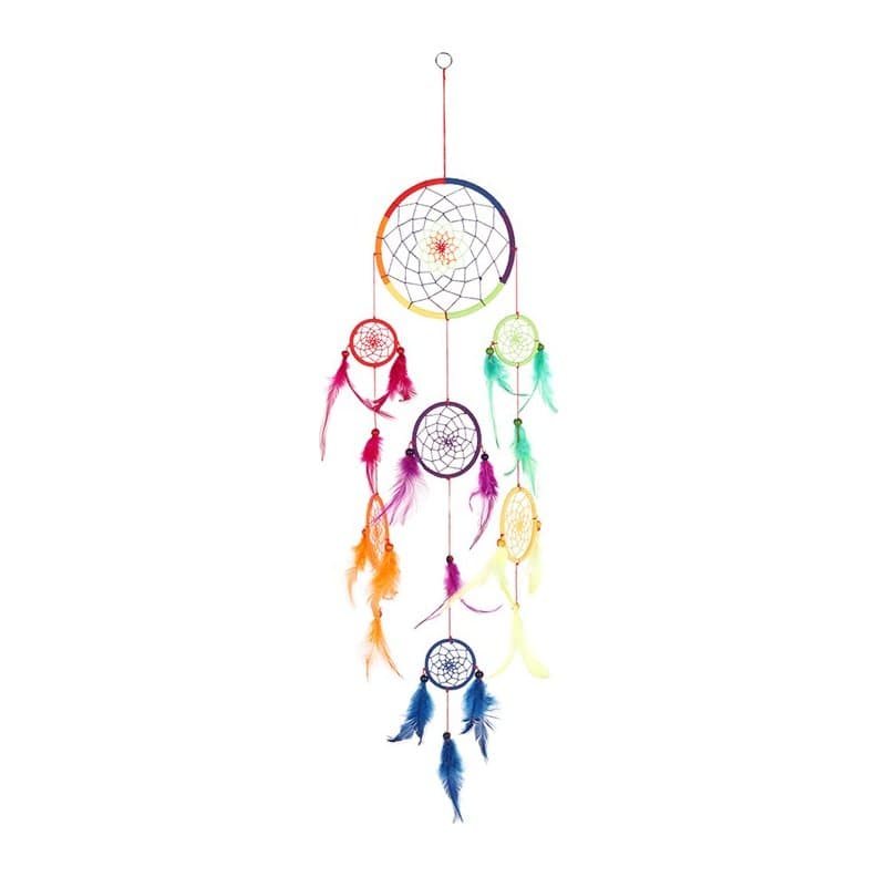 Rainbow-coloured dreamcatcher with a woven string web