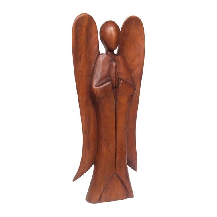 Freestanding handcarved acacia wood angel showing natural grain