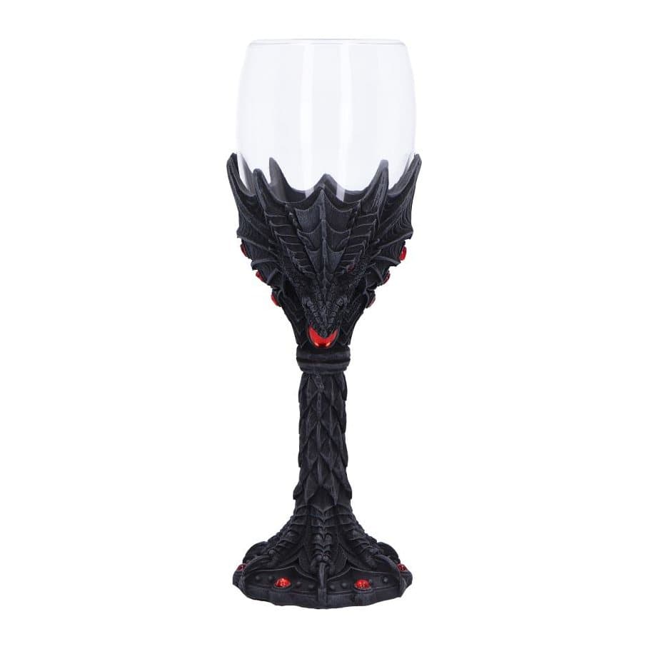 Black resin dragon goblet with red accents and glass cup
