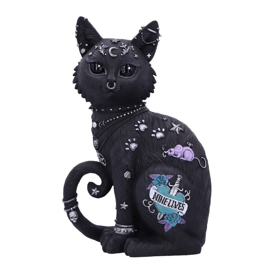 Black resin cat figurine sitting upright with piercings, tattoos and necklaces