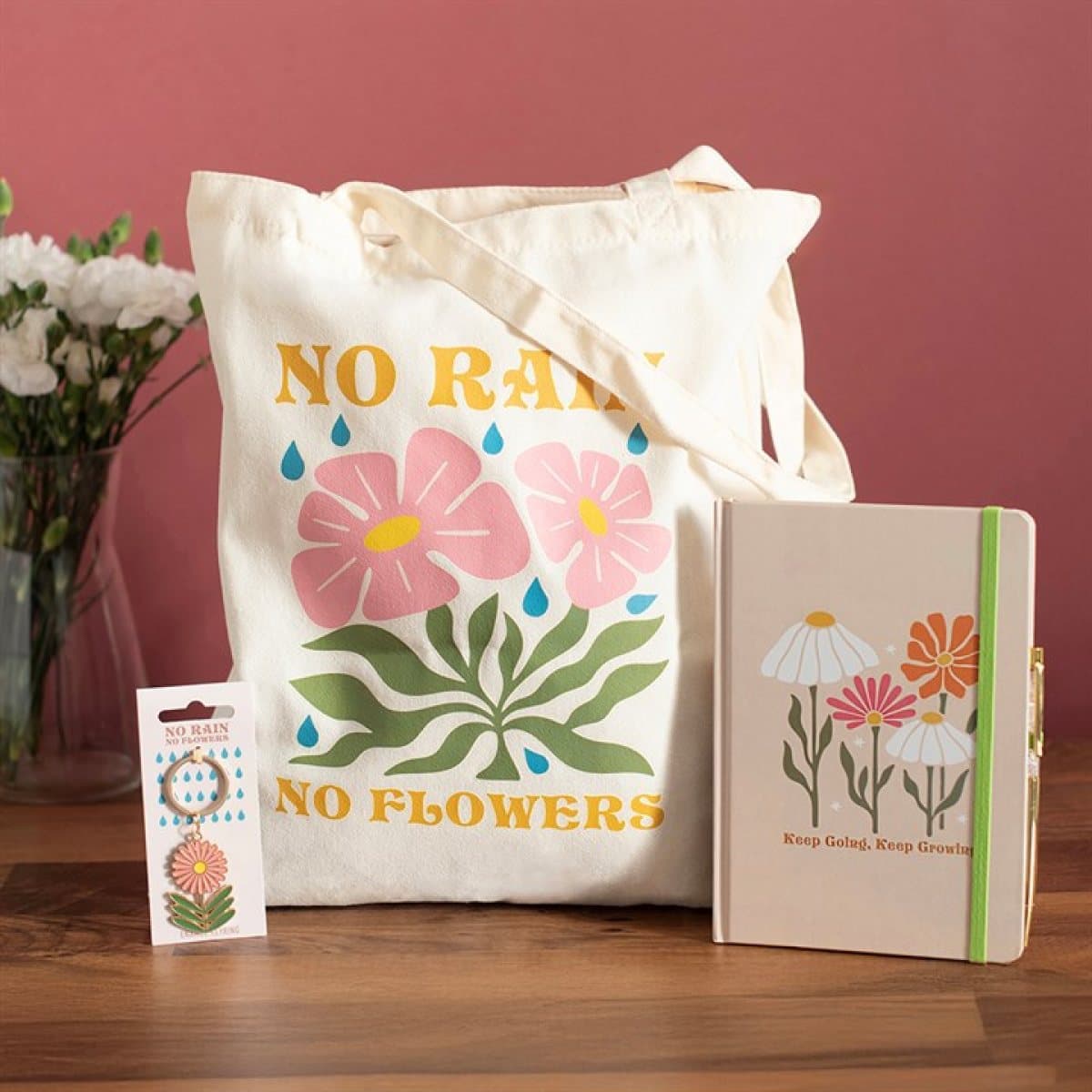 Keyring, tote bag, A5 notebook and rose quartz pen gift bundle