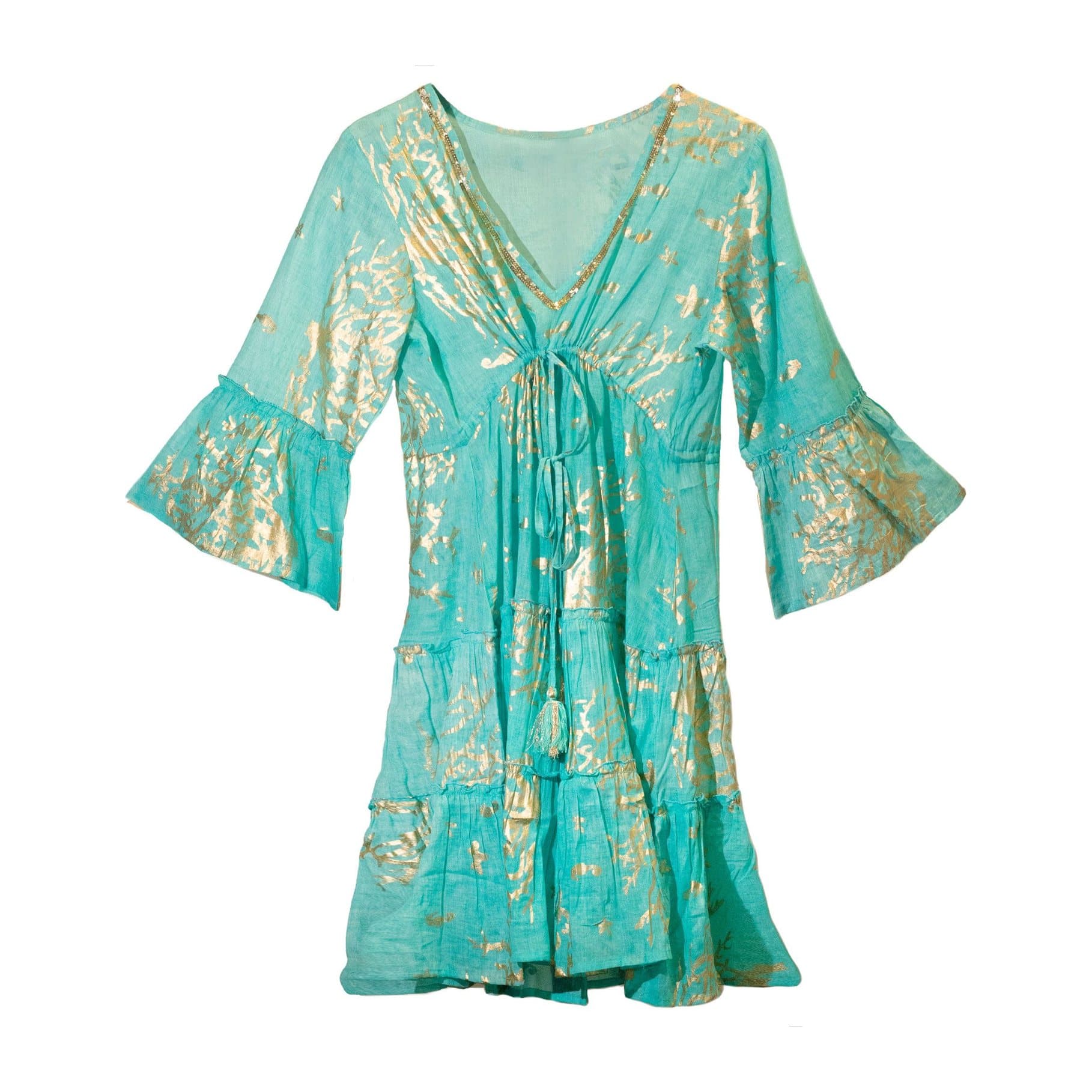 Turquoise tiered dress with a hand-painted gold coral motif