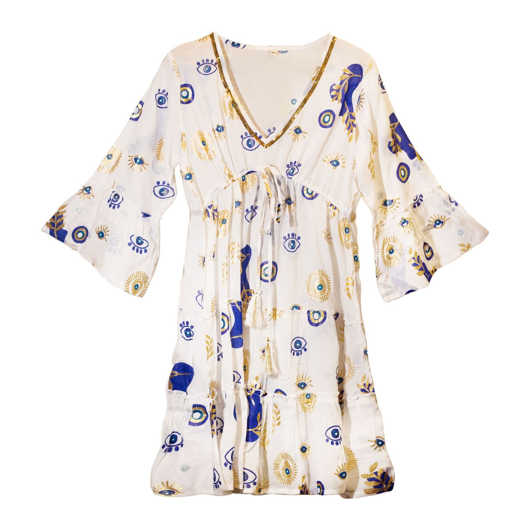 White tiered dress with blue and gold evil eye motifs