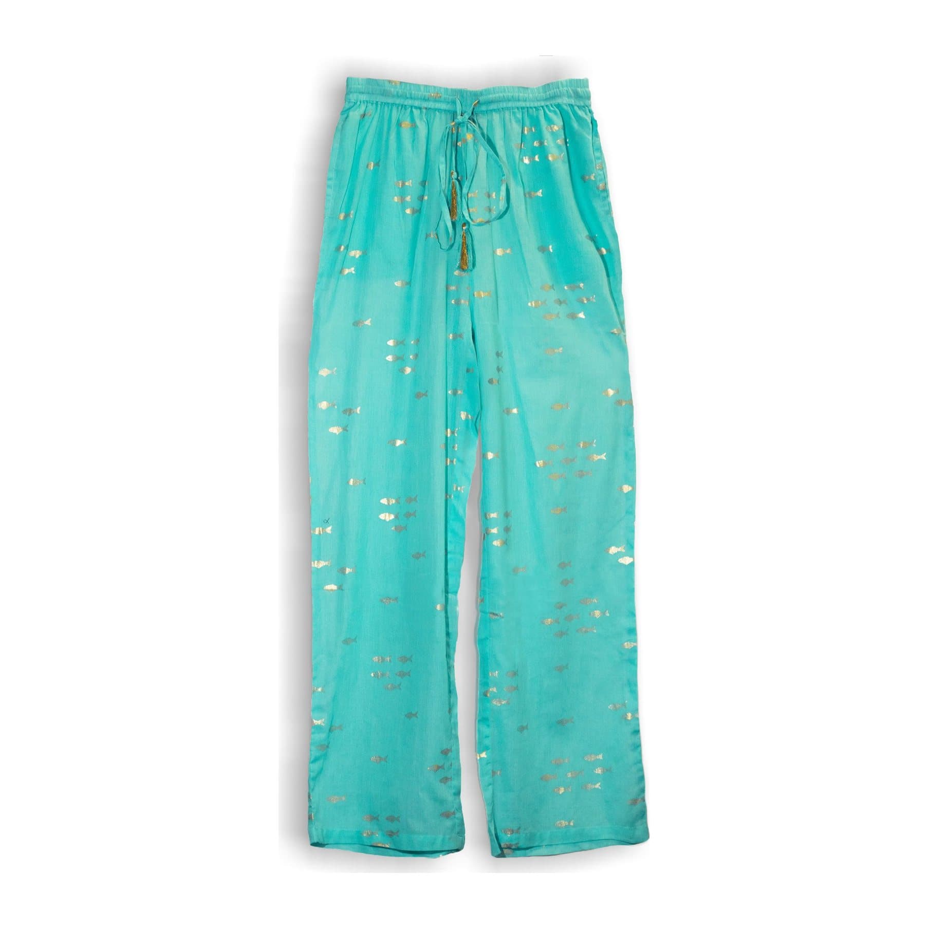 Turquoise lounge pants with hand-painted gold fish motifs