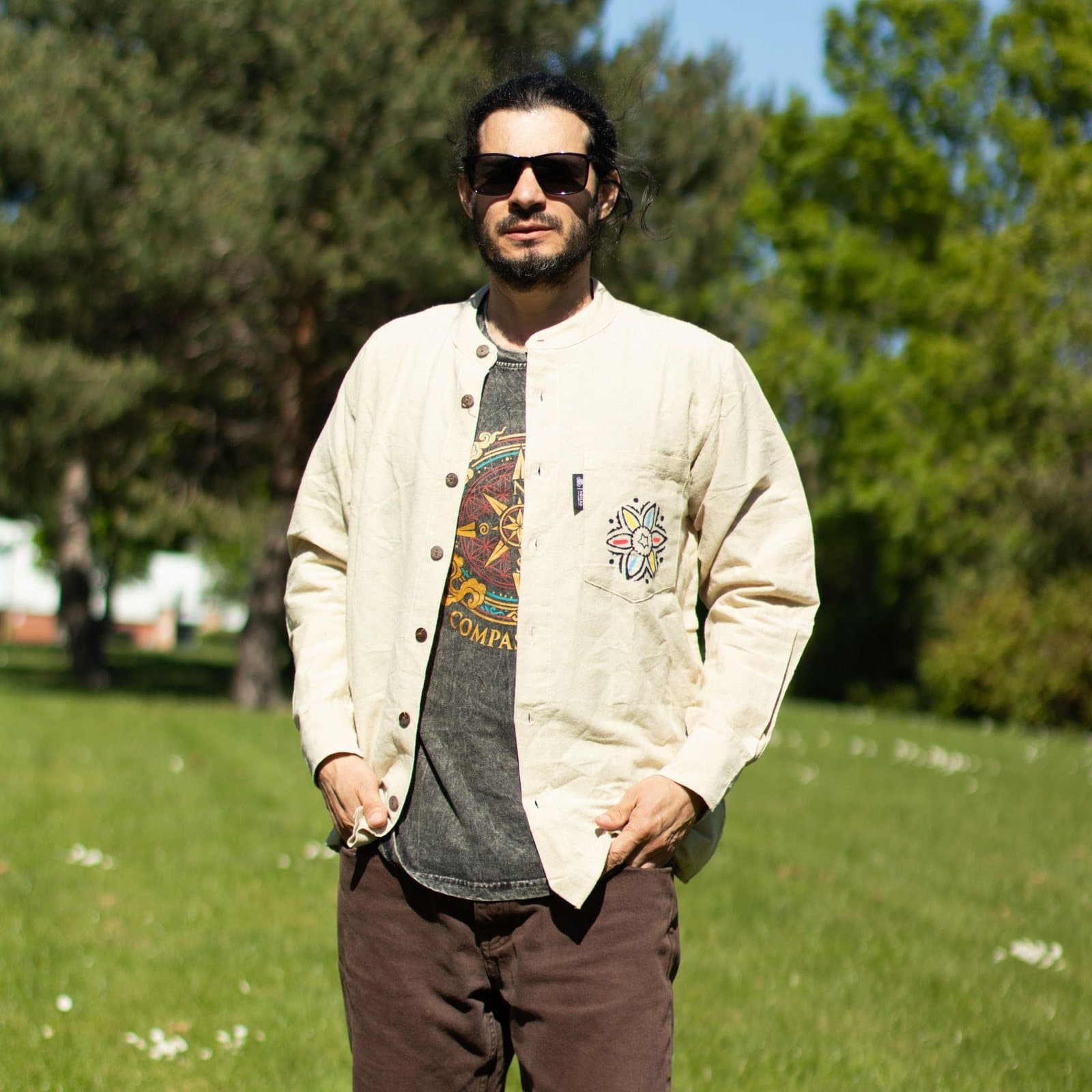 Nomad Sari Kathmandu collarless shirt in Stone with a hand-painted pocket detail