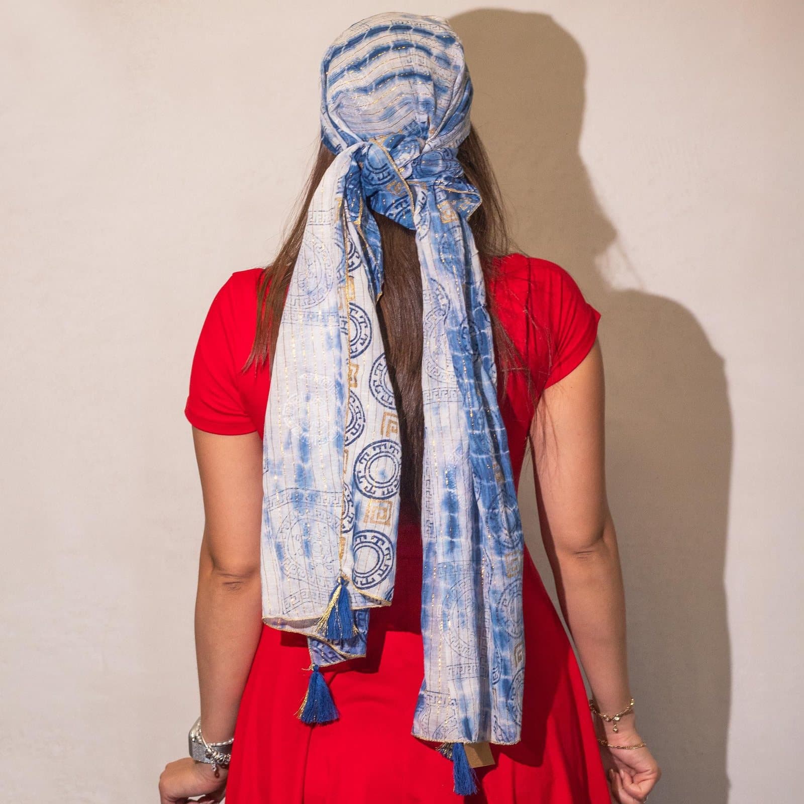 Light Nomad Sari summer scarf with gold detailing and tasselled ends