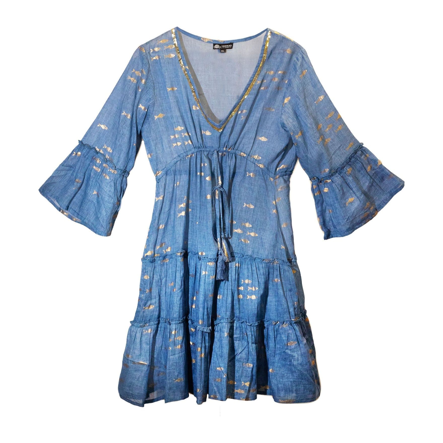 Sea blue summer dress with gold fish print, V-neckline and tiered skirt