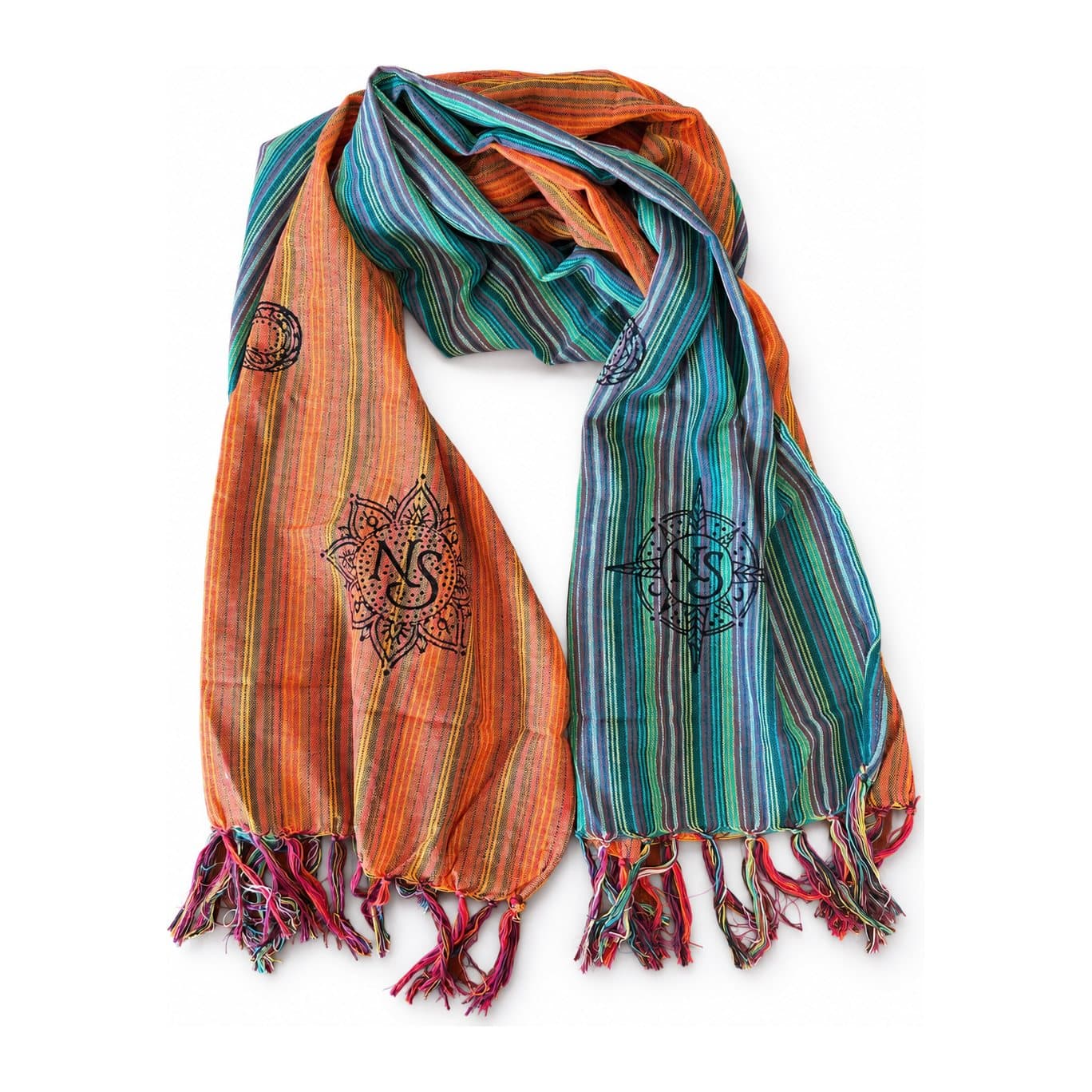 Long striped scarf with printed symbols and fringed ends