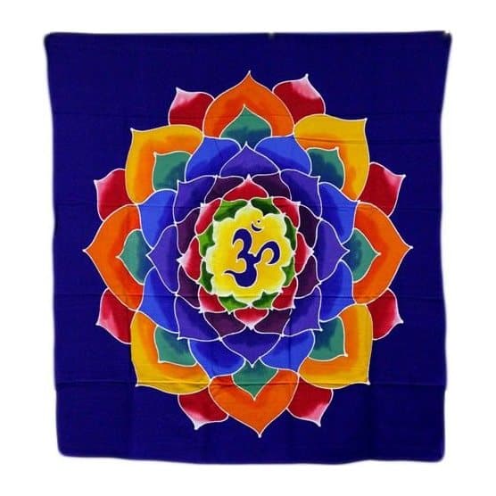 Om and Flower of Life batik wall hanging in vivid colours