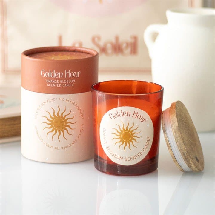 Golden Hour orange blossom glass candle with a cork lid