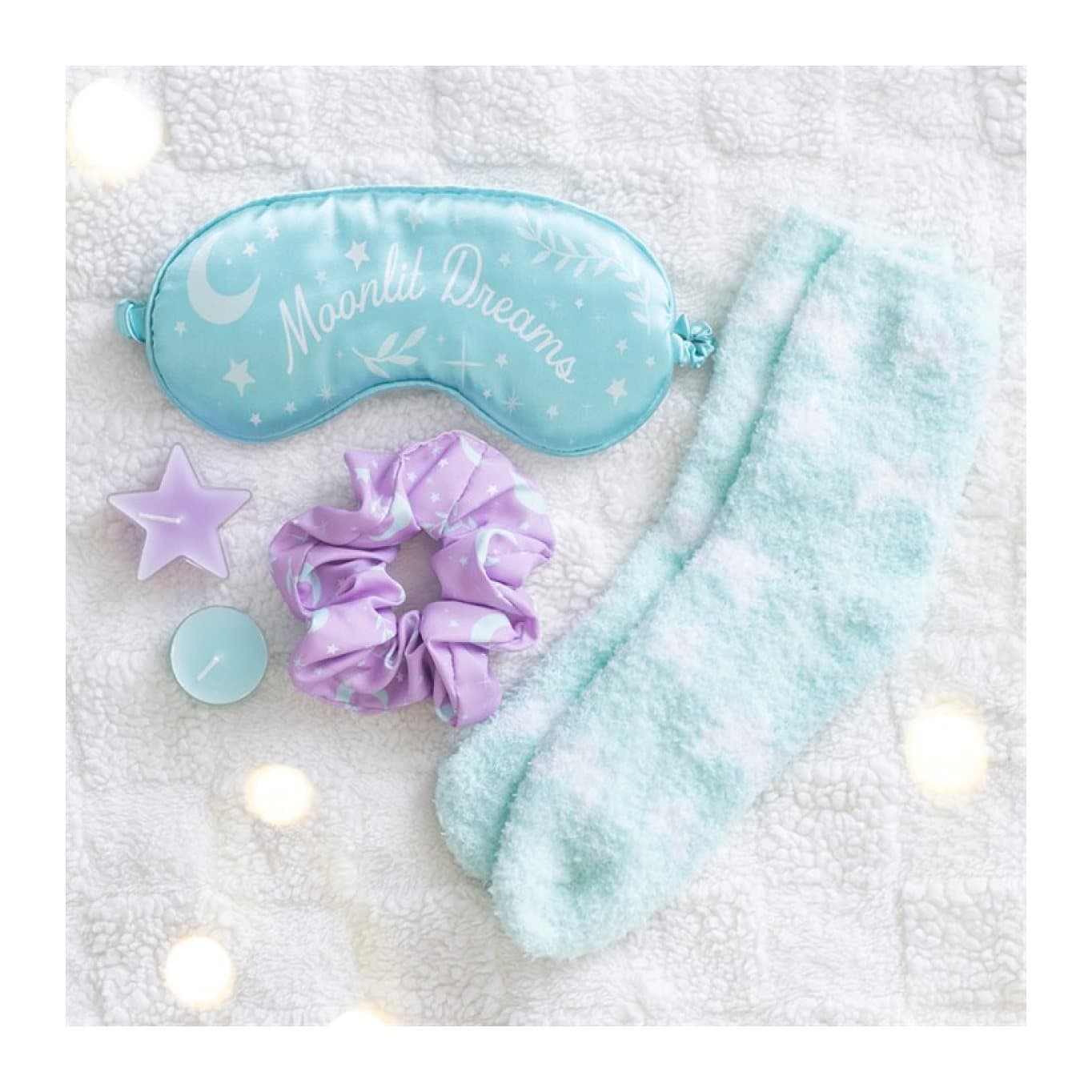 Pastel celestial self care gift set with socks, eye mask, scrunchie and tealights