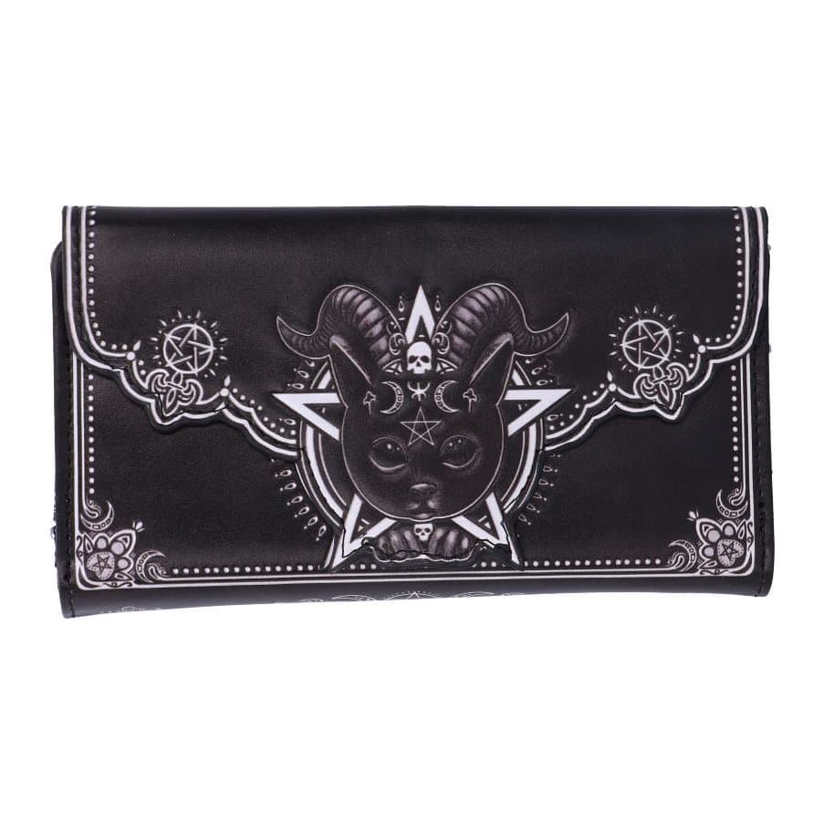 Pawzuph embossed black cat purse with goat horns