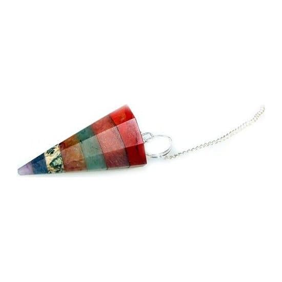 Seven colour layered chakra crystal pendulum on a silver plated chain