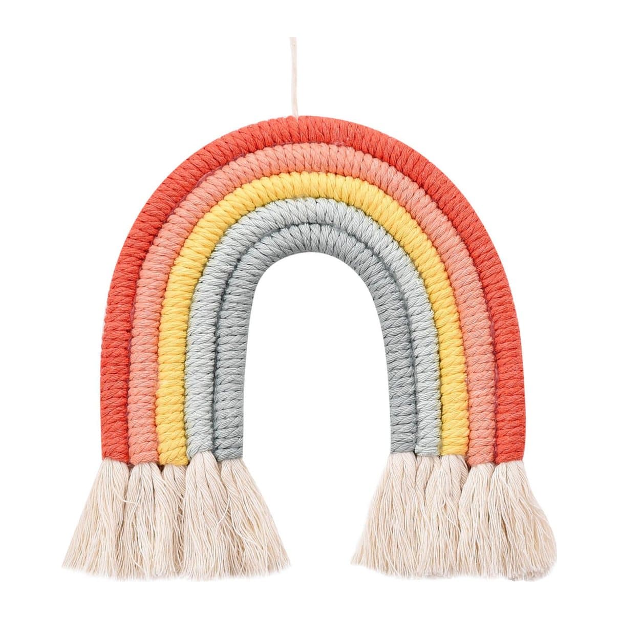 Macramé rainbow ornament in soft muted tones, 15 cm