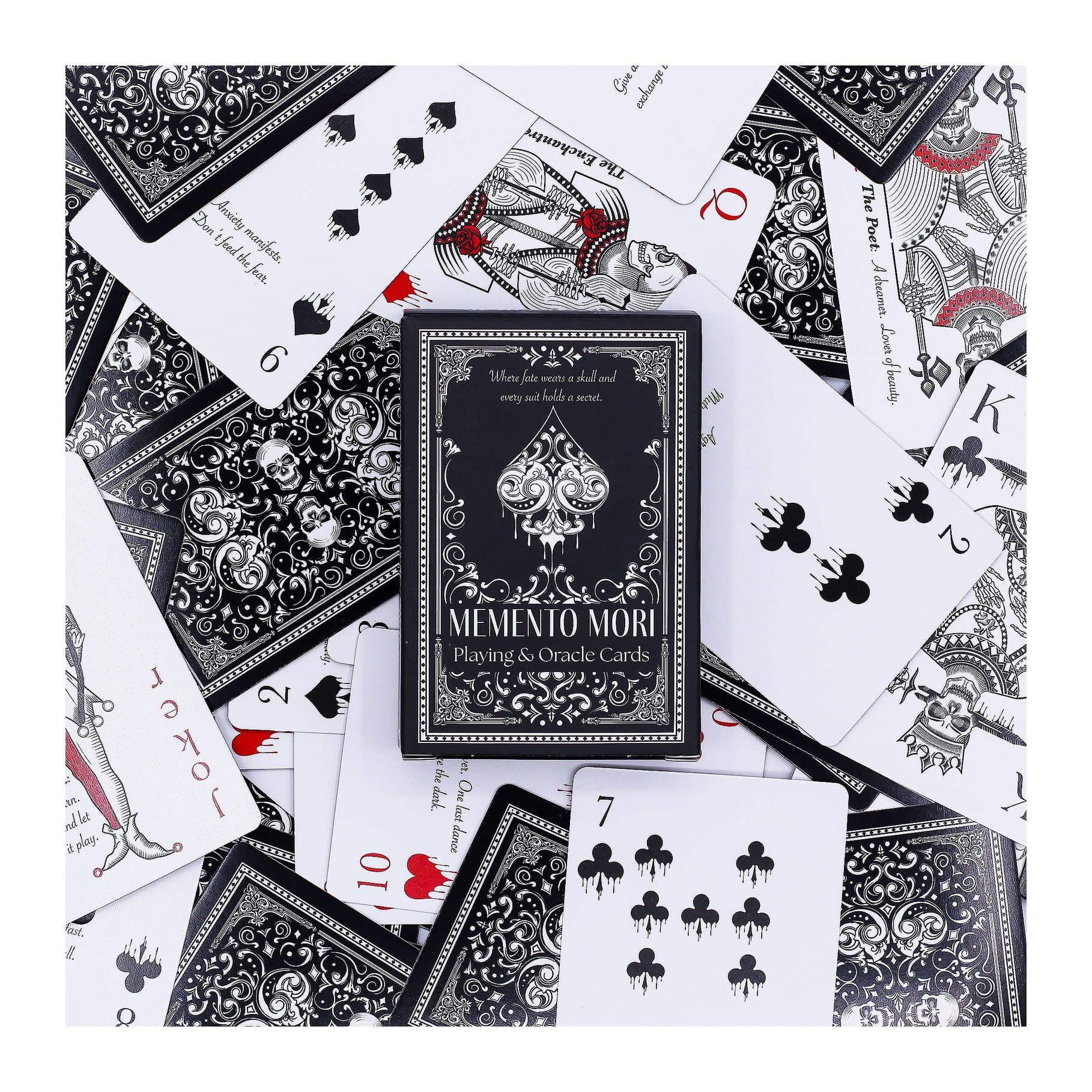 Playing and oracle card deck with gothic skeleton or fairy artwork