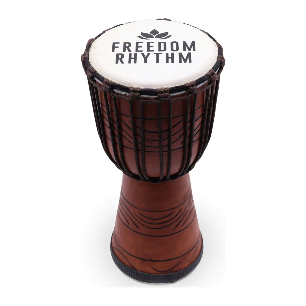 Carved wooden djembe drum with Freedom Rhythm drum head