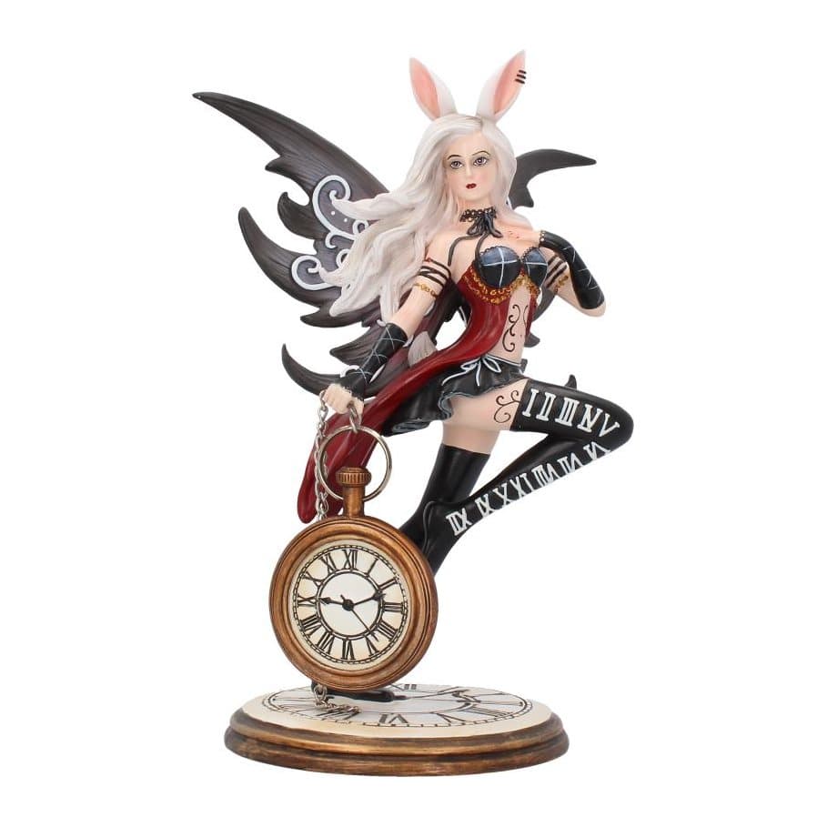 Wonderland fairy with rabbit ears beside an oversized clock and pocket watch