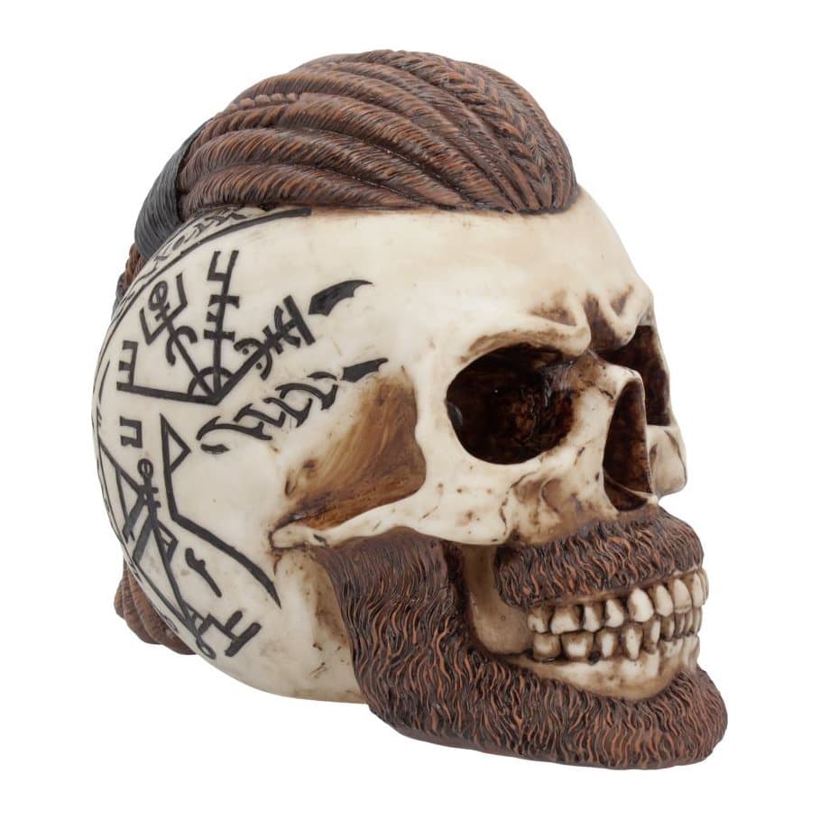 Resin Viking skull with auburn beard, braided dreadlocks and etched Vegvisir