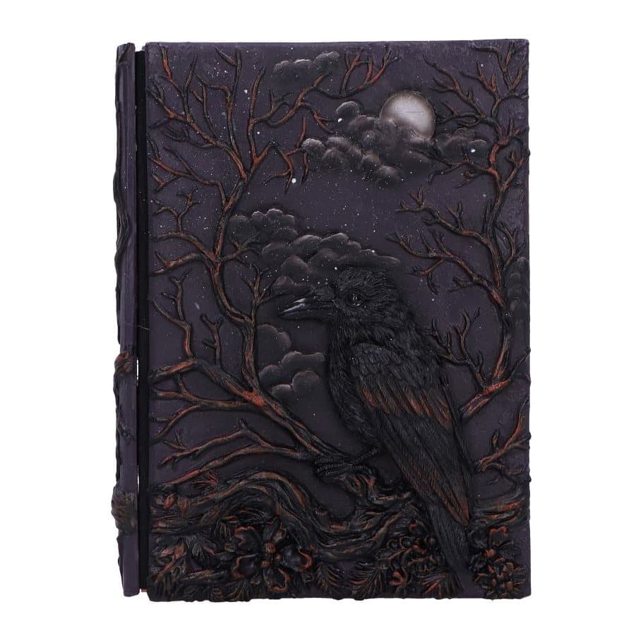 Grimoire journal with a resin cover showing a raven on branches beneath a full moon
