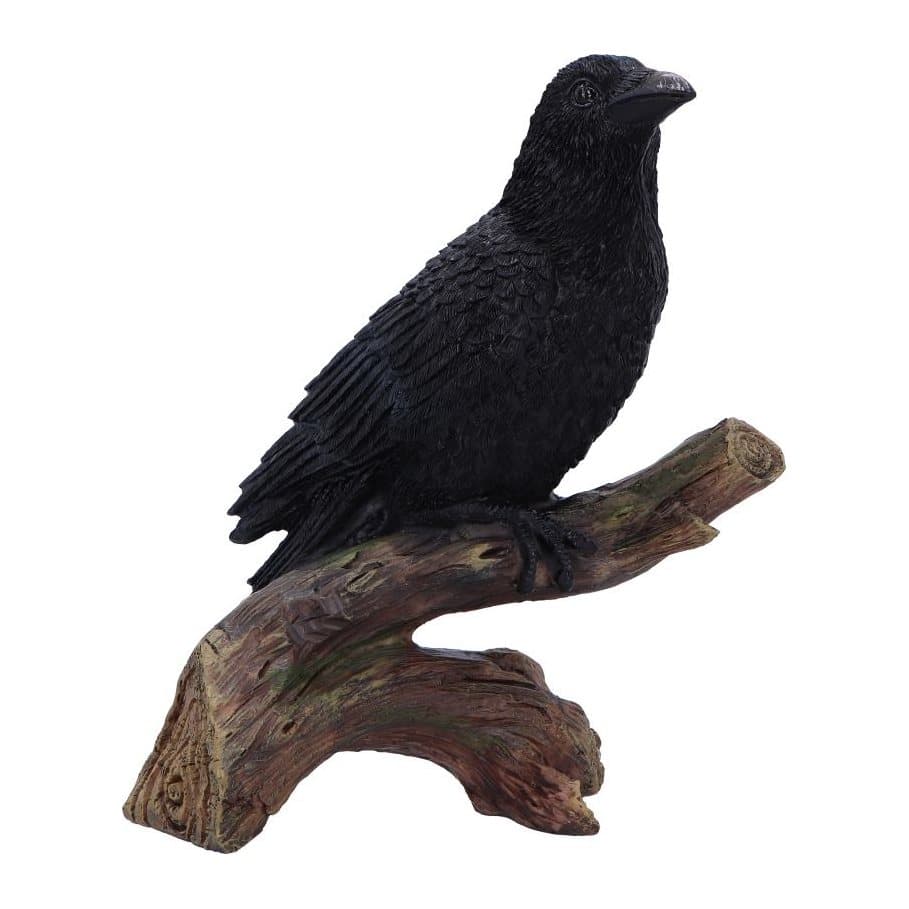 Black resin raven figurine mounted on a wooden branch base