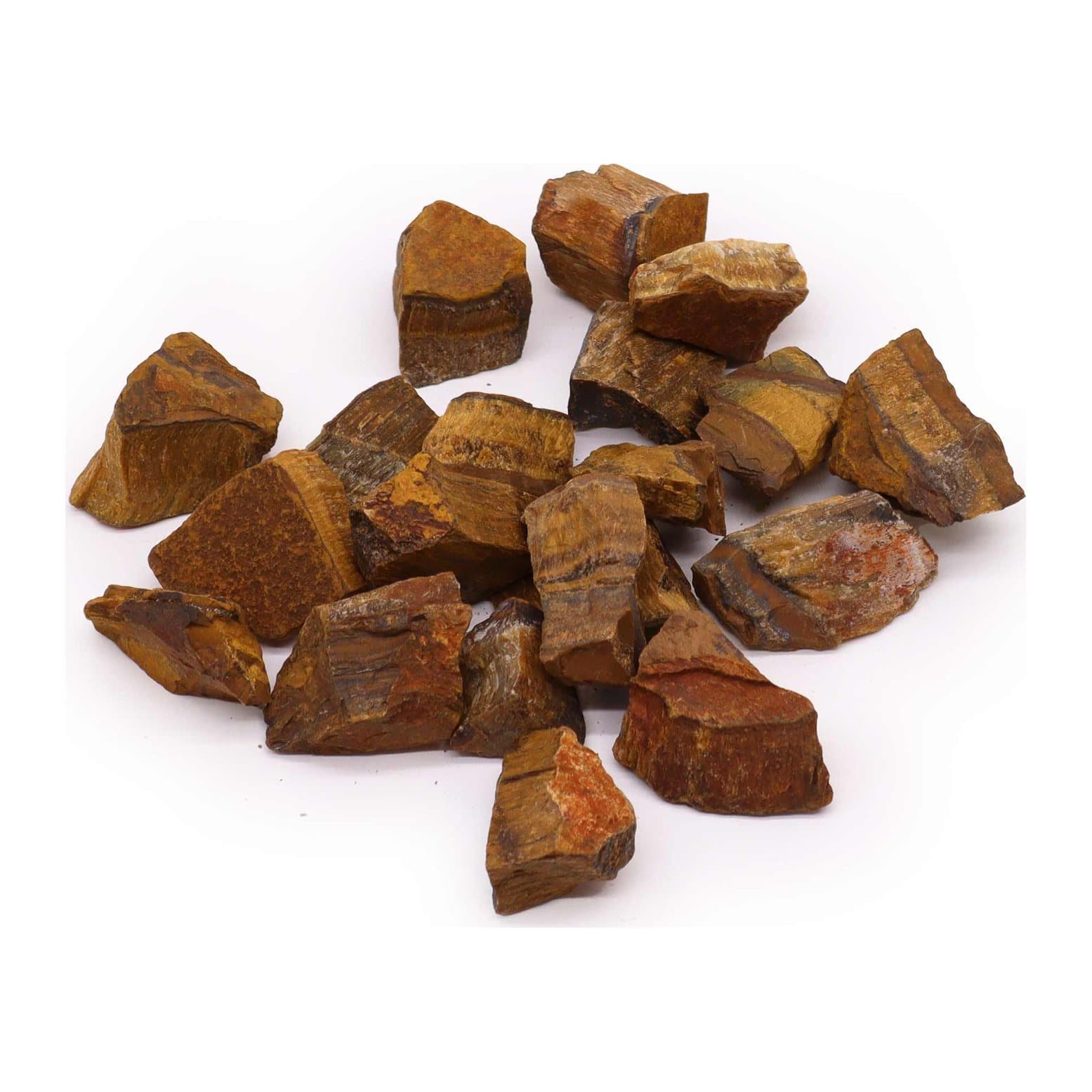 Pile of raw golden-brown tigereye crystals in mixed shapes