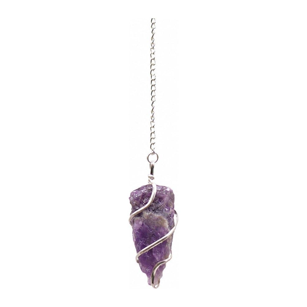 Raw purple amethyst pendulum in a silver-tone spiral on a fine chain