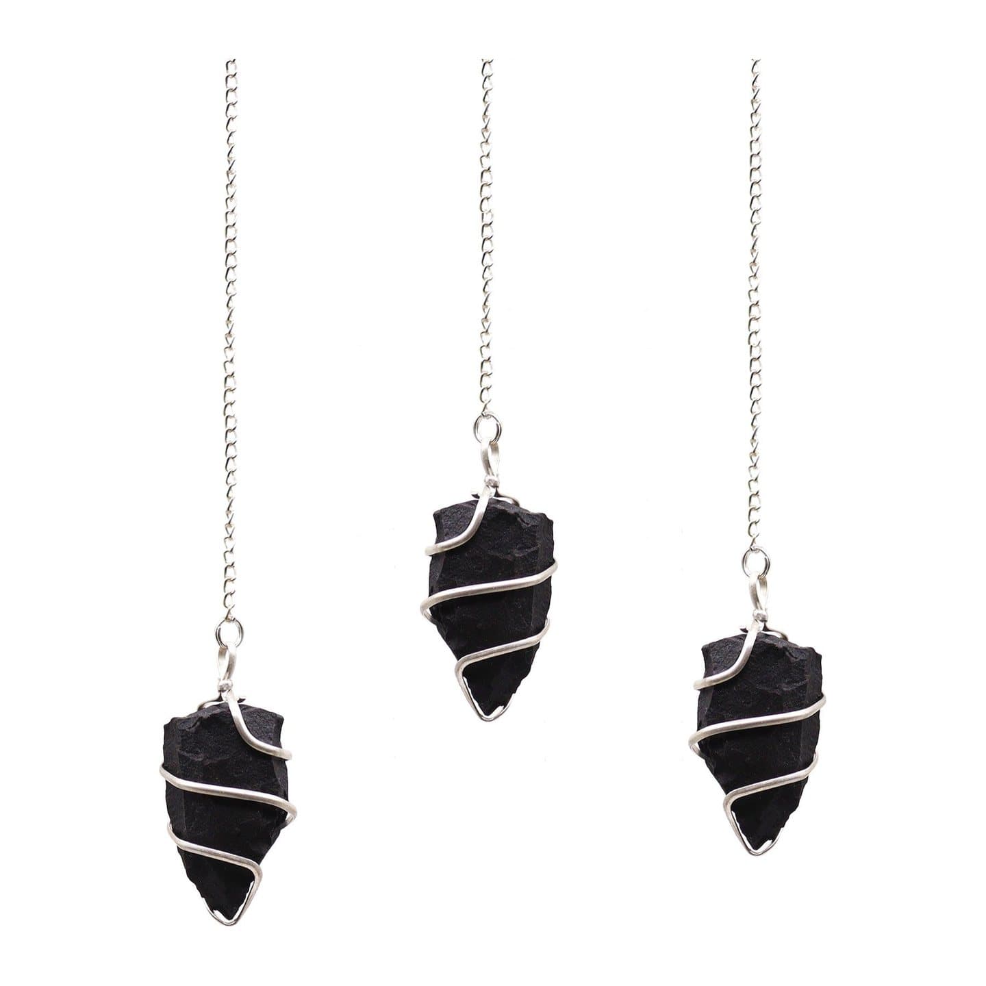 Raw black agate pendulum in a silver-tone spiral on a fine chain