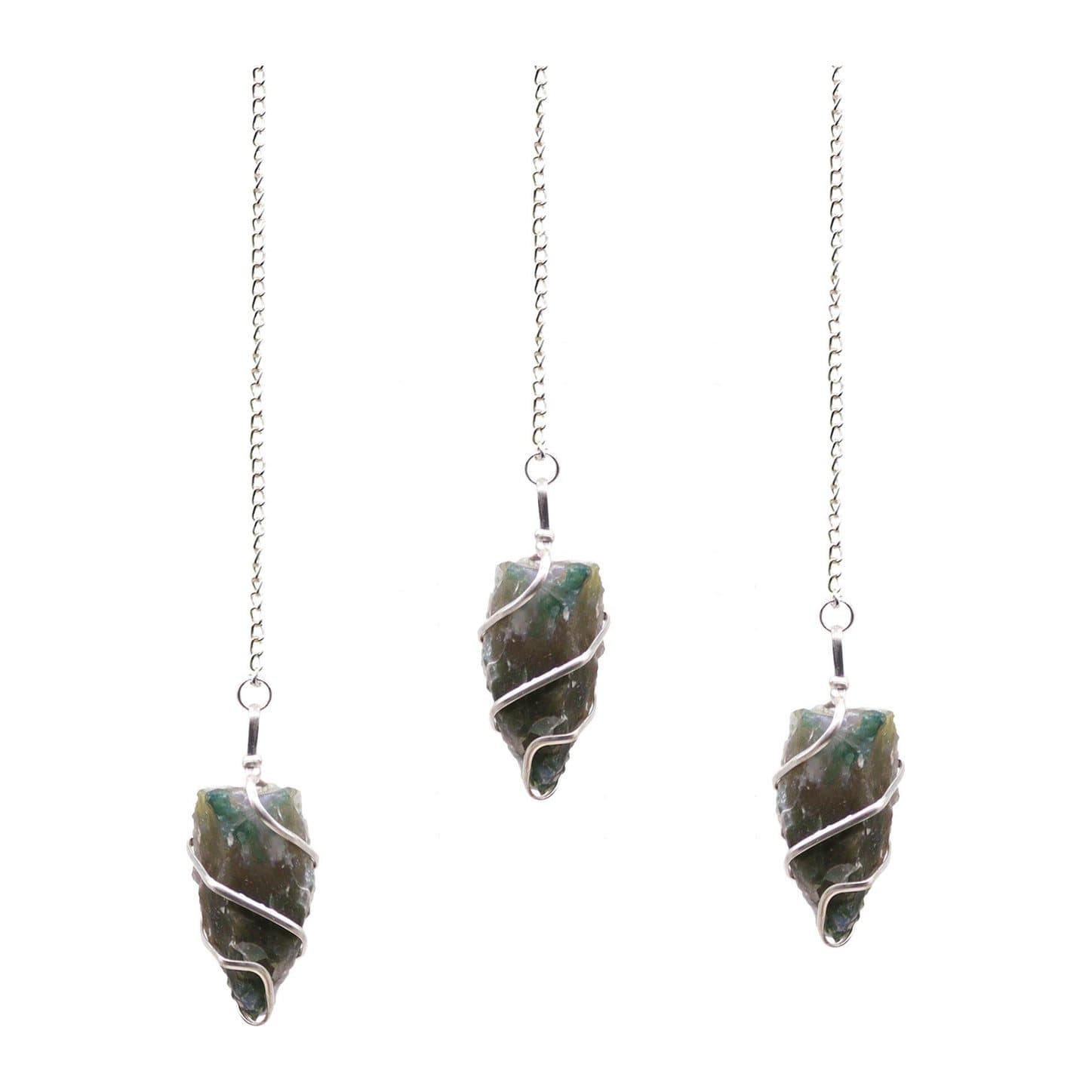 Raw green moss agate pendulum with silver-tone spiral on a fine chain