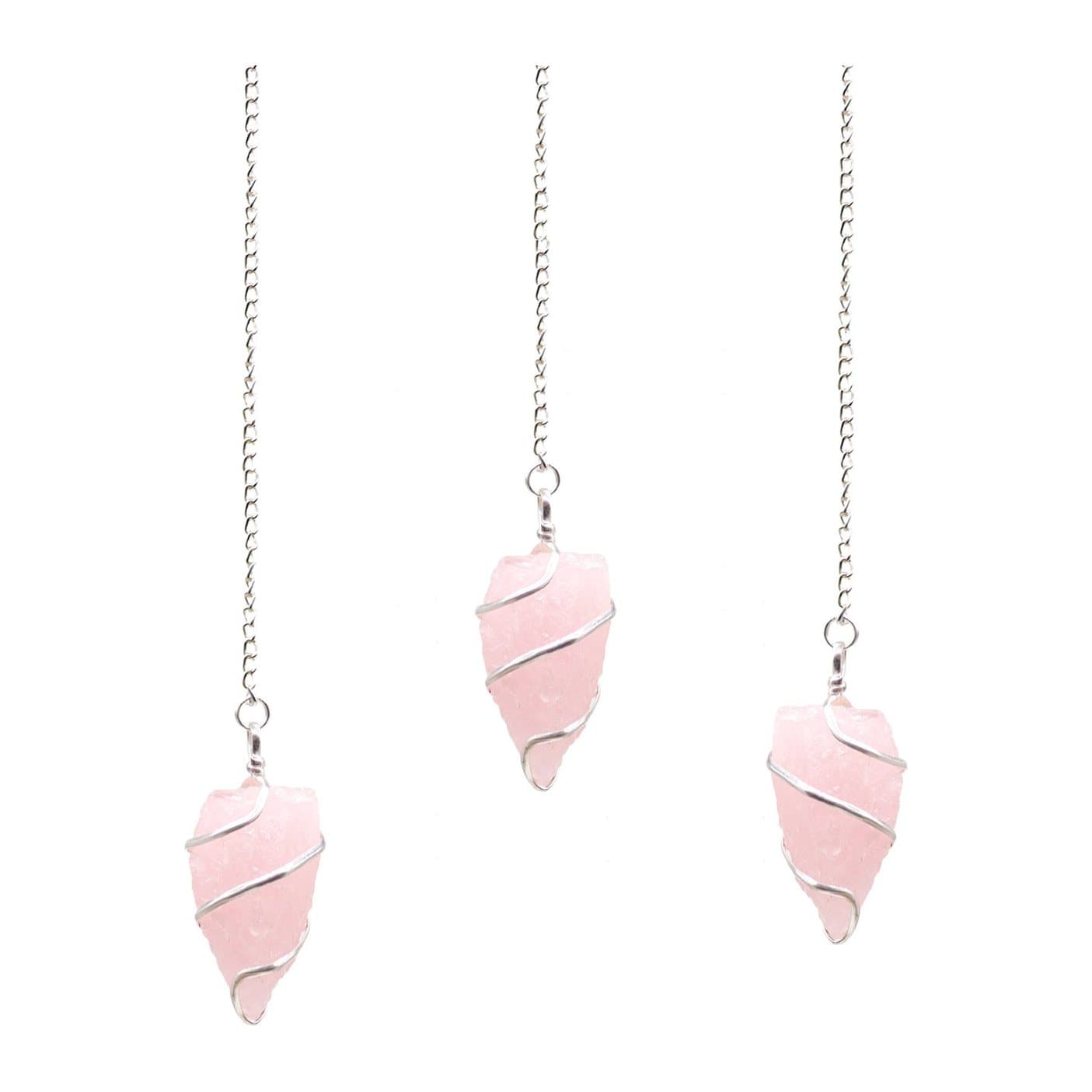 Raw rose quartz pendulum in a silver-tone spiral on a fine chain